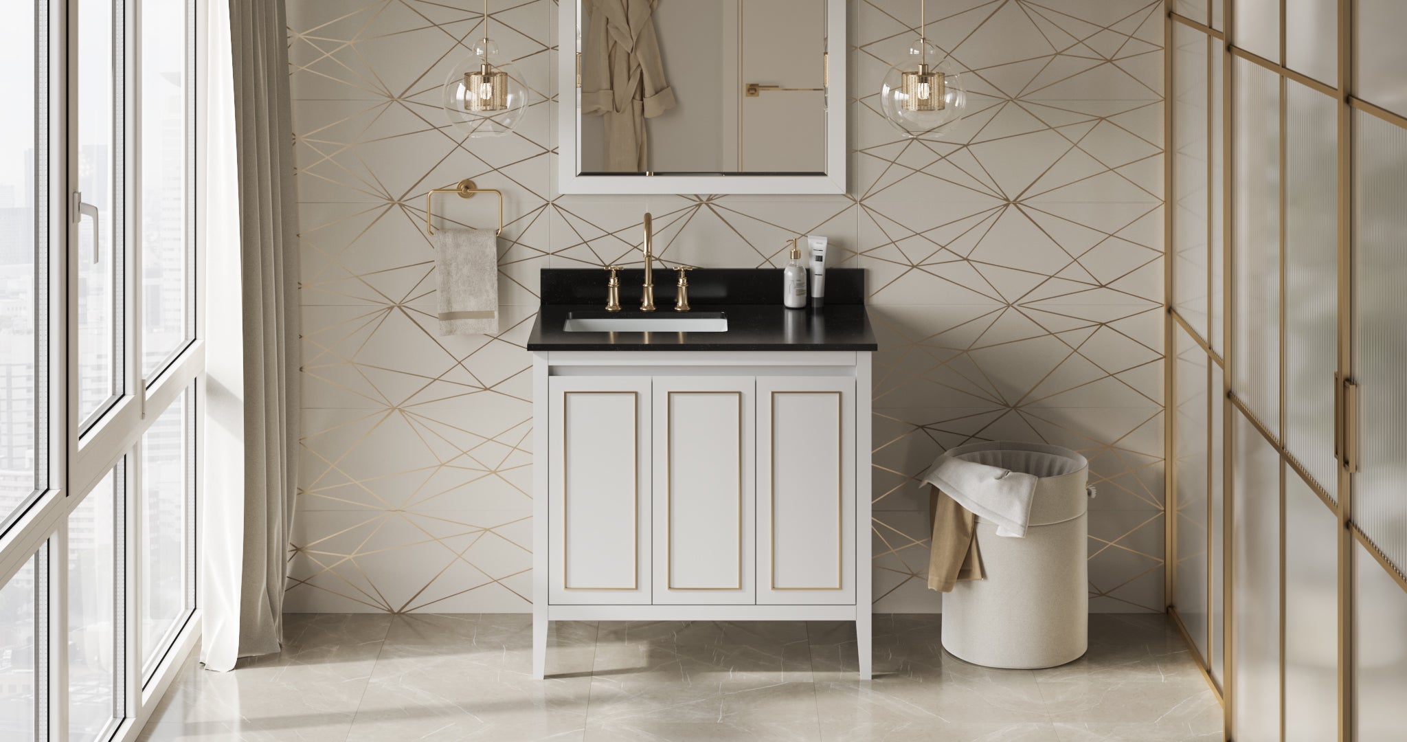 36" White Percival Vanity, left offset, Black Granite Vanity Top, undermount rectangle bowl | KitchBath