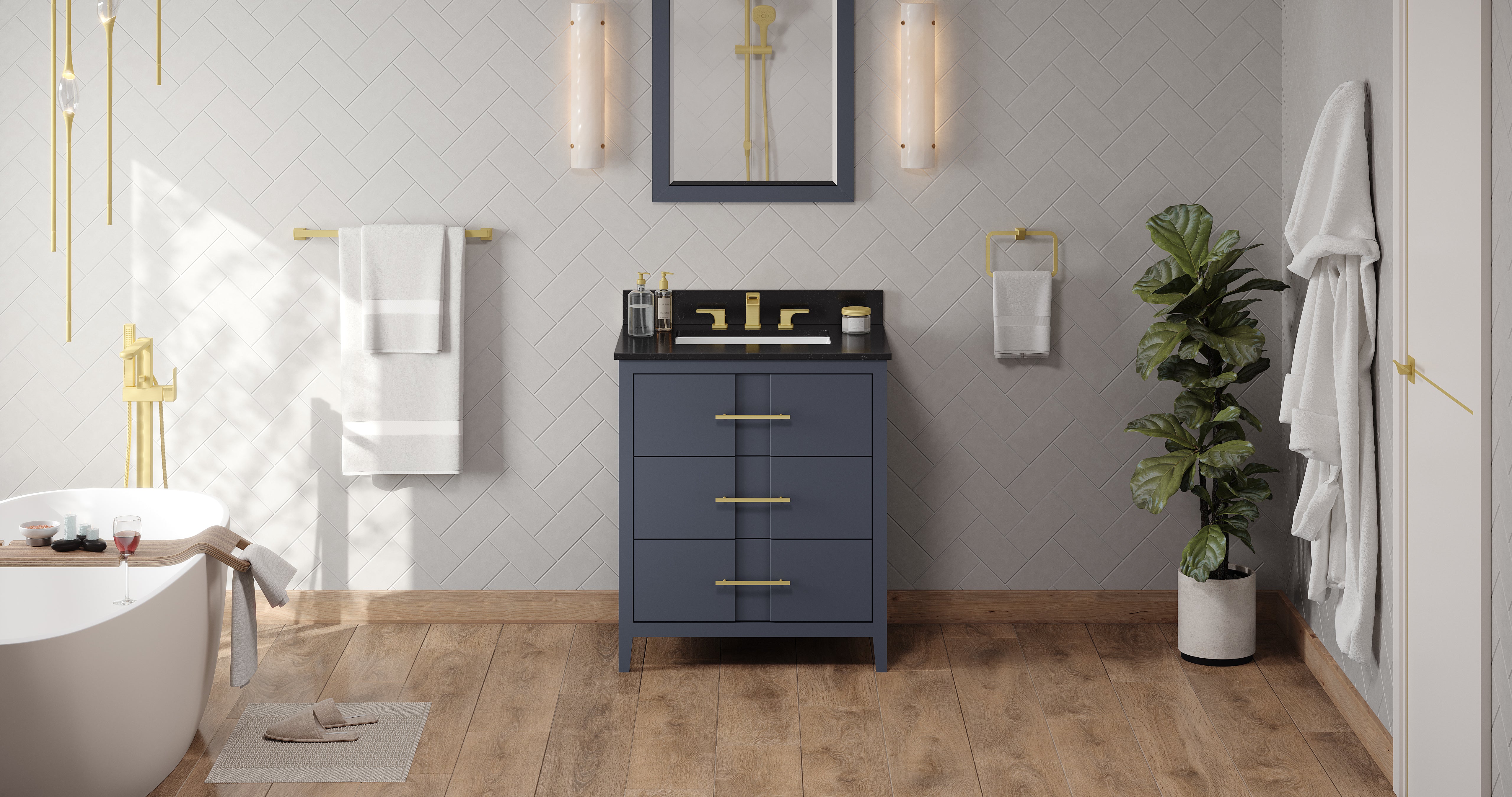 30" Blue Steel Katara Vanity, Black Granite Vanity Top, undermount rectangle bowl | KitchBath