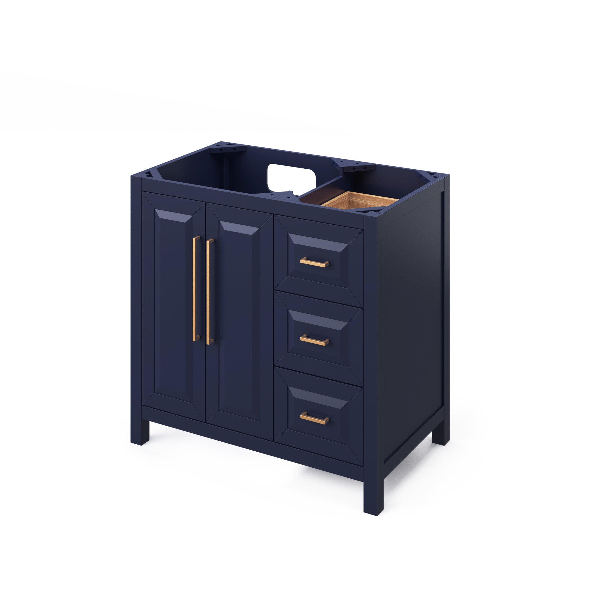 36" Hale Blue Cade Vanity, left offset, Calacatta Vienna Quartz Vanity Top, undermount rectangle bowl | KitchBath