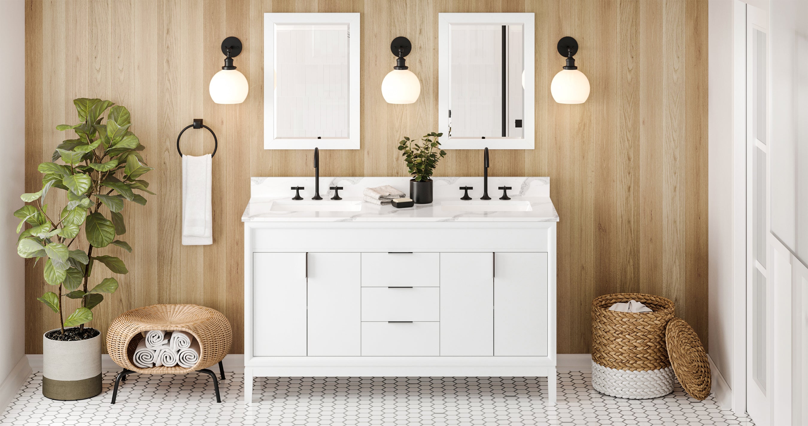 60" White Theodora Vanity, double bowl, Calacatta Vienna Quartz Vanity Top, two undermount rectangle bowls | KitchBath