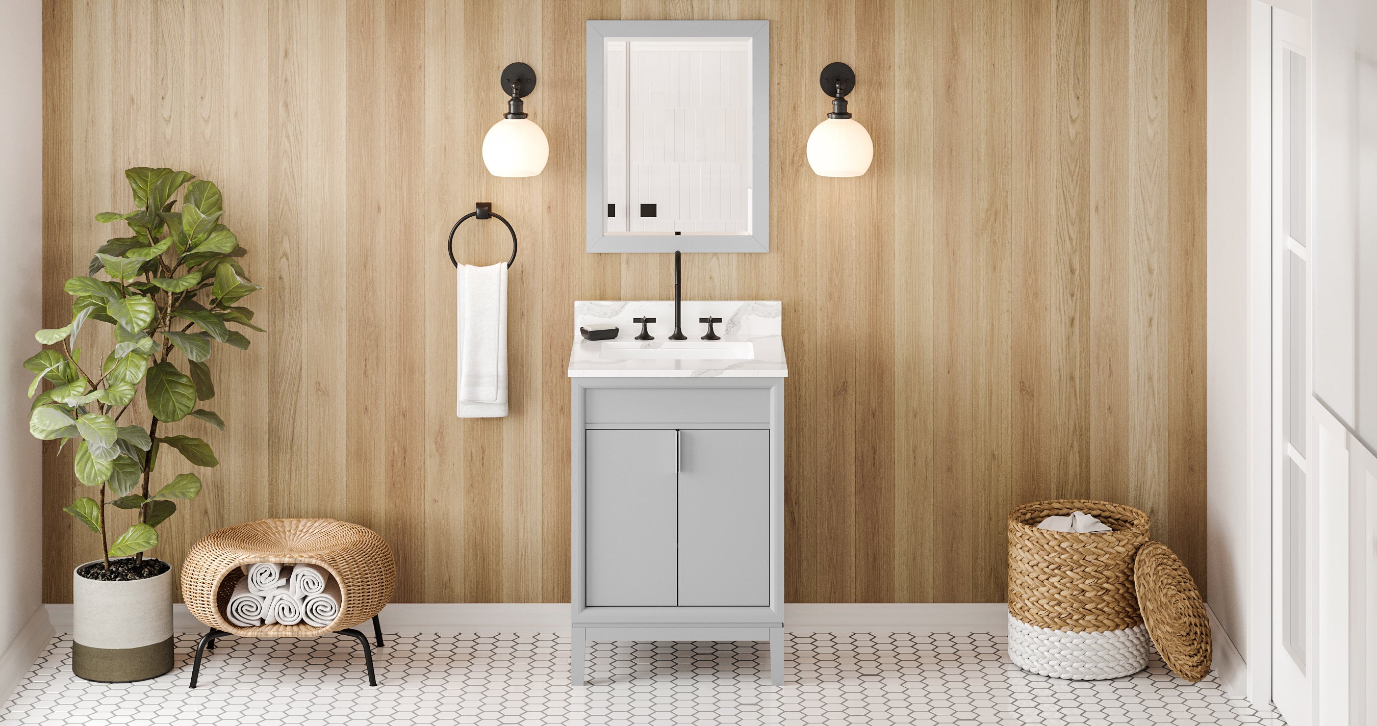 24" Grey Theodora Vanity, Calacatta Vienna Quartz Vanity Top, undermount rectangle bowl | KitchBath