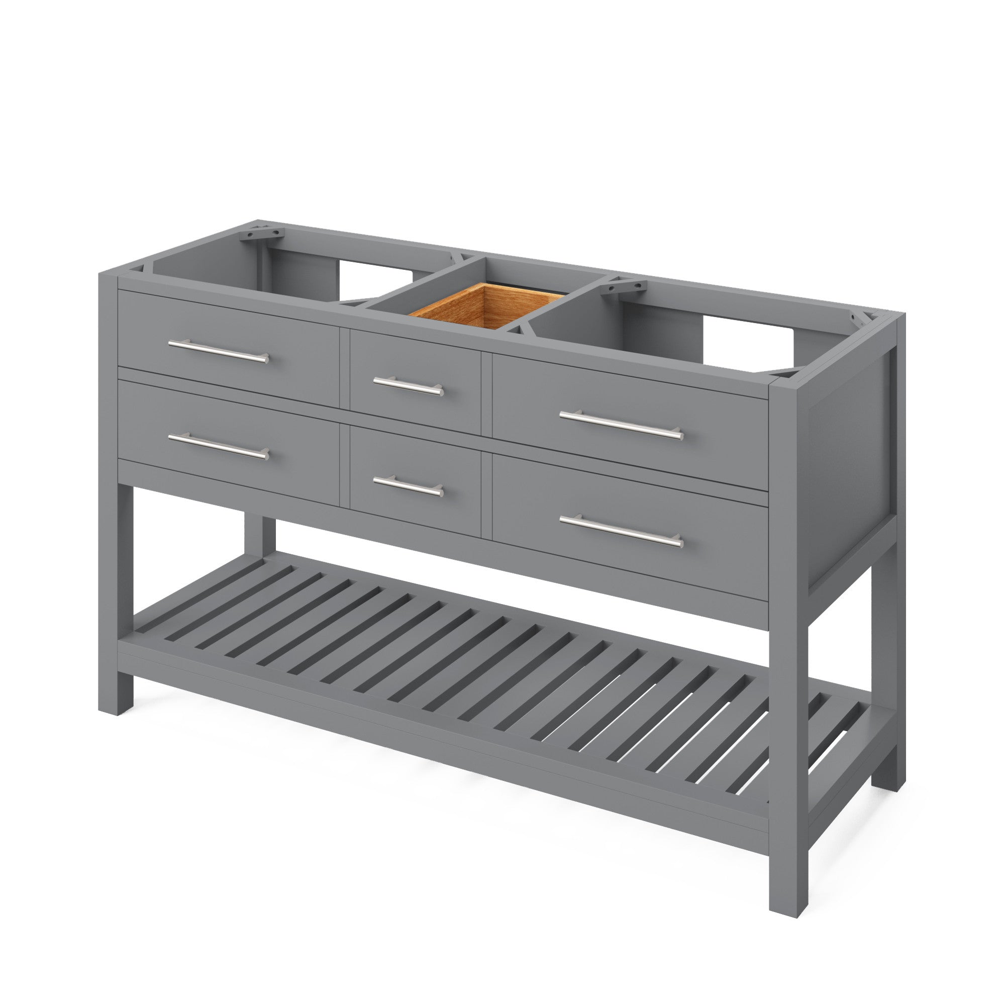 60" Grey Wavecrest Vanity, double bowl, White Carrara Marble Vanity Top, two undermount rectangle bowls | KitchBath
