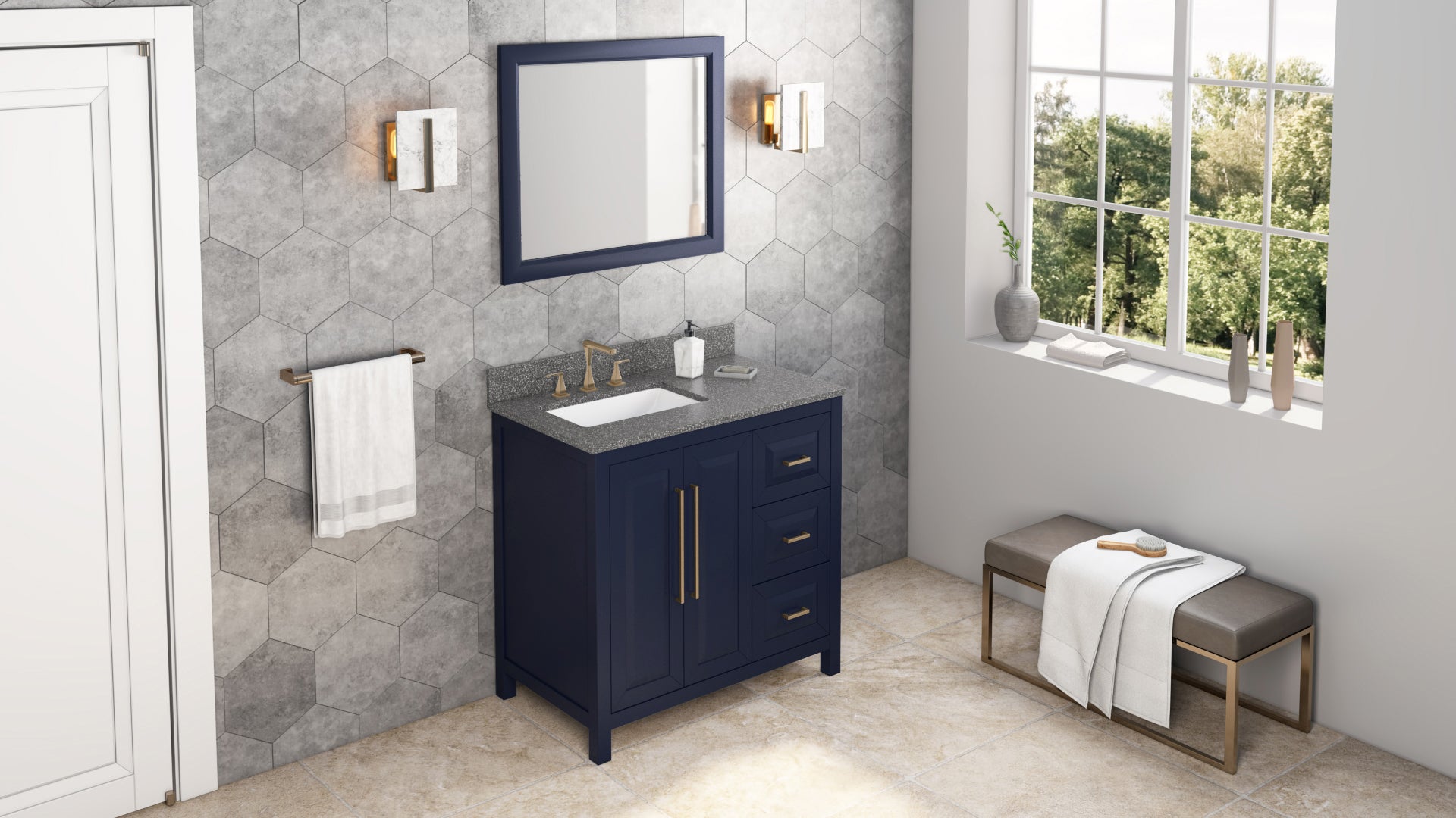 36" Hale Blue Cade Vanity, left offset, Boulder Vanity Cultured Marble Vanity Top, undermount rectangle bowl