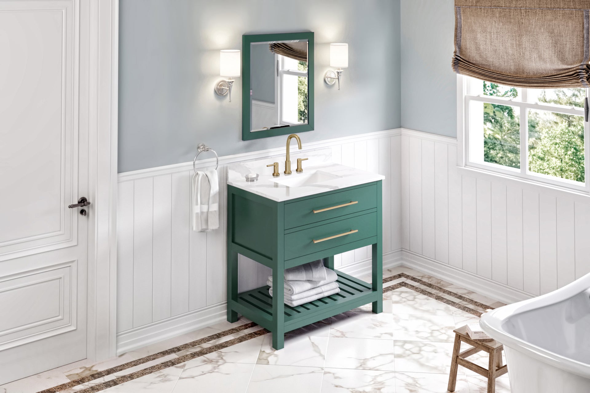 36" Forest Green Wavecrest Vanity, Calacatta Vienna Quartz Vanity Top, undermount rectangle bowl