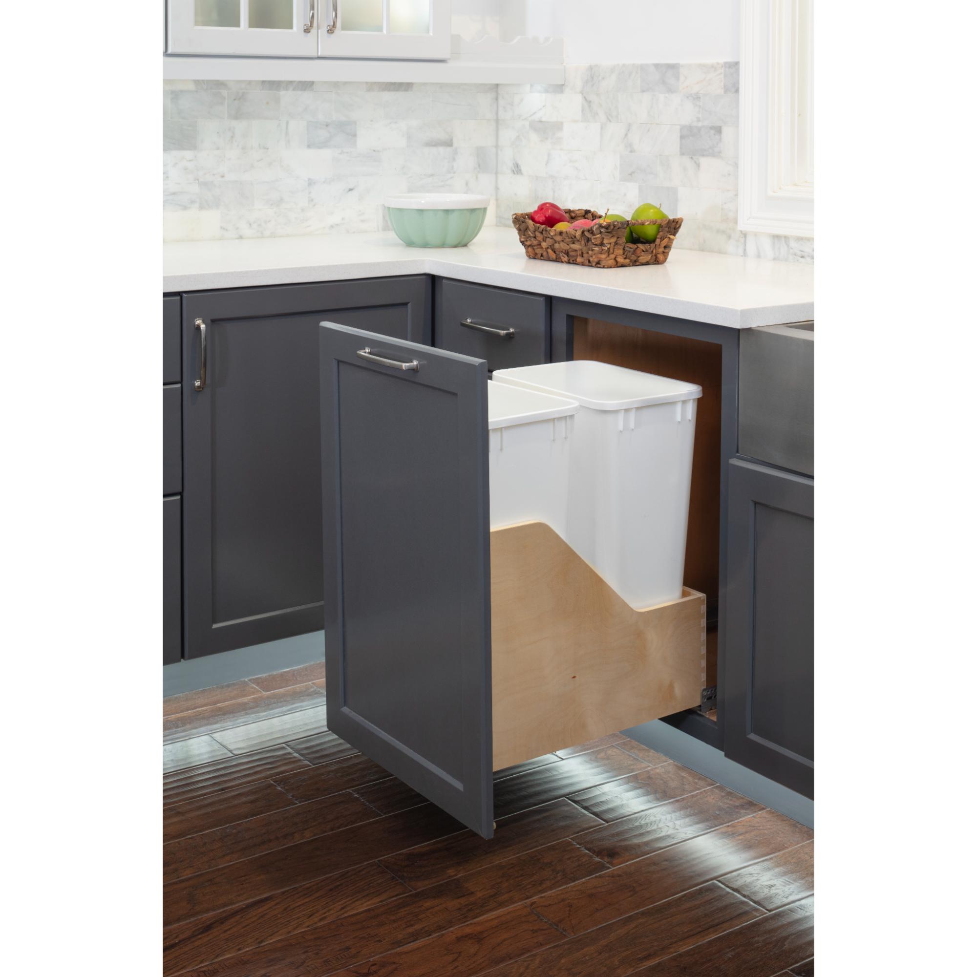 Double 50 Quart Wood Bottom-Mount Soft-close Trashcan Rollout for Door Mounting, Includes Two White Cans | KitchBath
