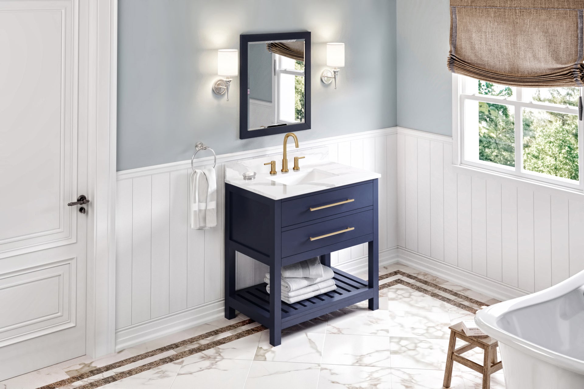 36" Hale Blue Wavecrest Vanity, Calacatta Vienna Quartz Vanity Top, undermount rectangle bowl