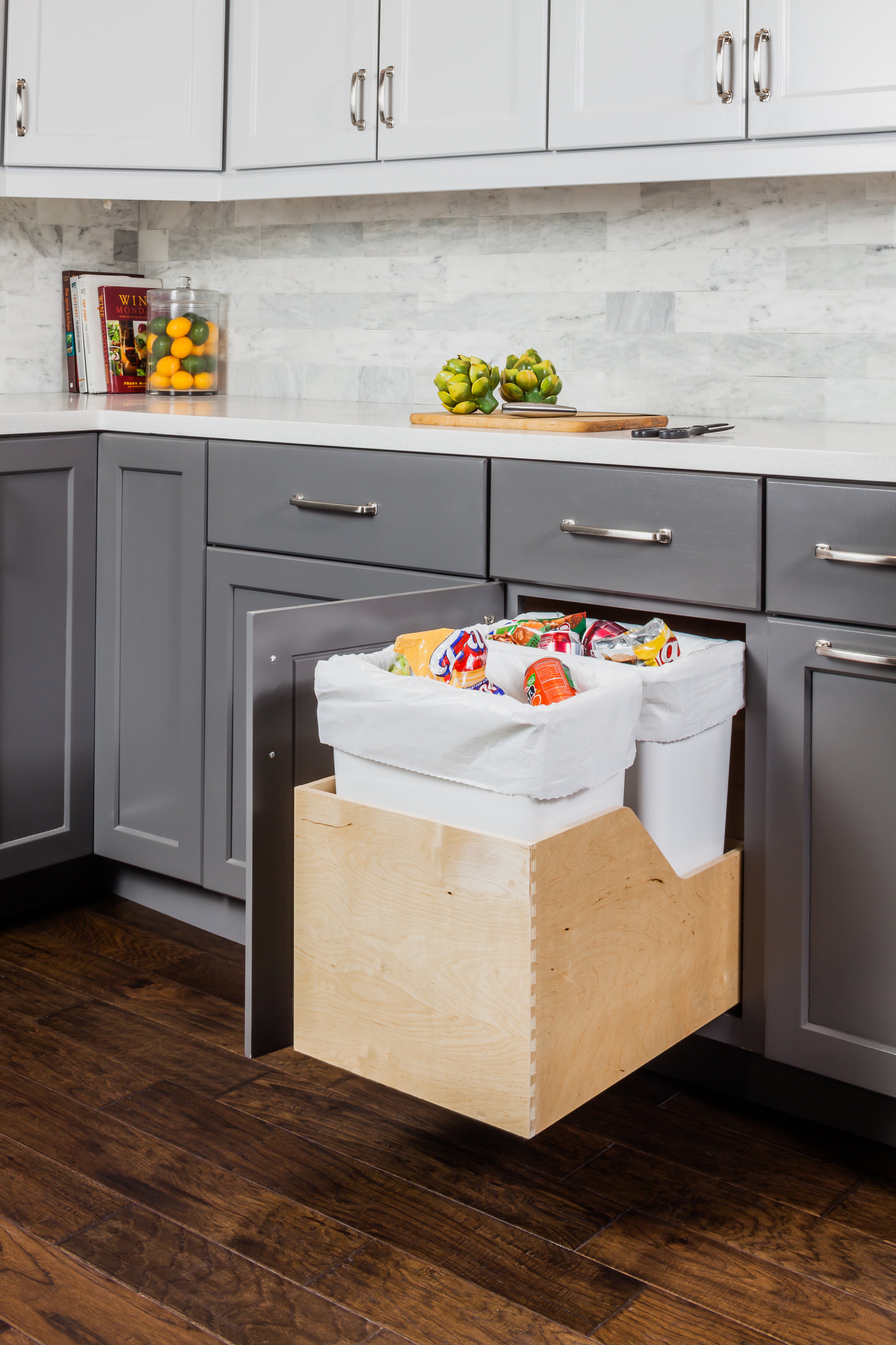 Double 35 Quart Wood Bottom-Mount Soft-close Trashcan Rollout for Hinged Doors, Includes Two White Cans | KitchBath