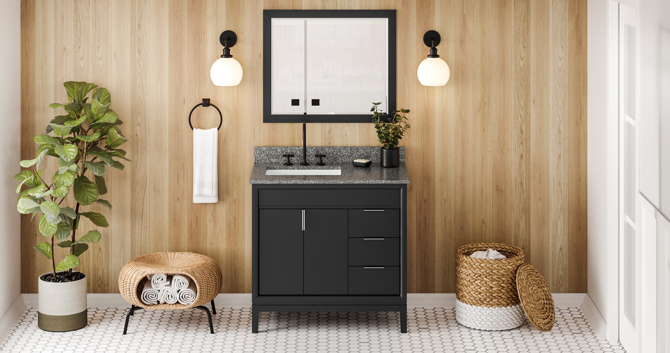 36" Black Theodora Vanity, left offset, Boulder Vanity Cultured Marble Vanity Top, undermount rectangle bowl | KitchBath