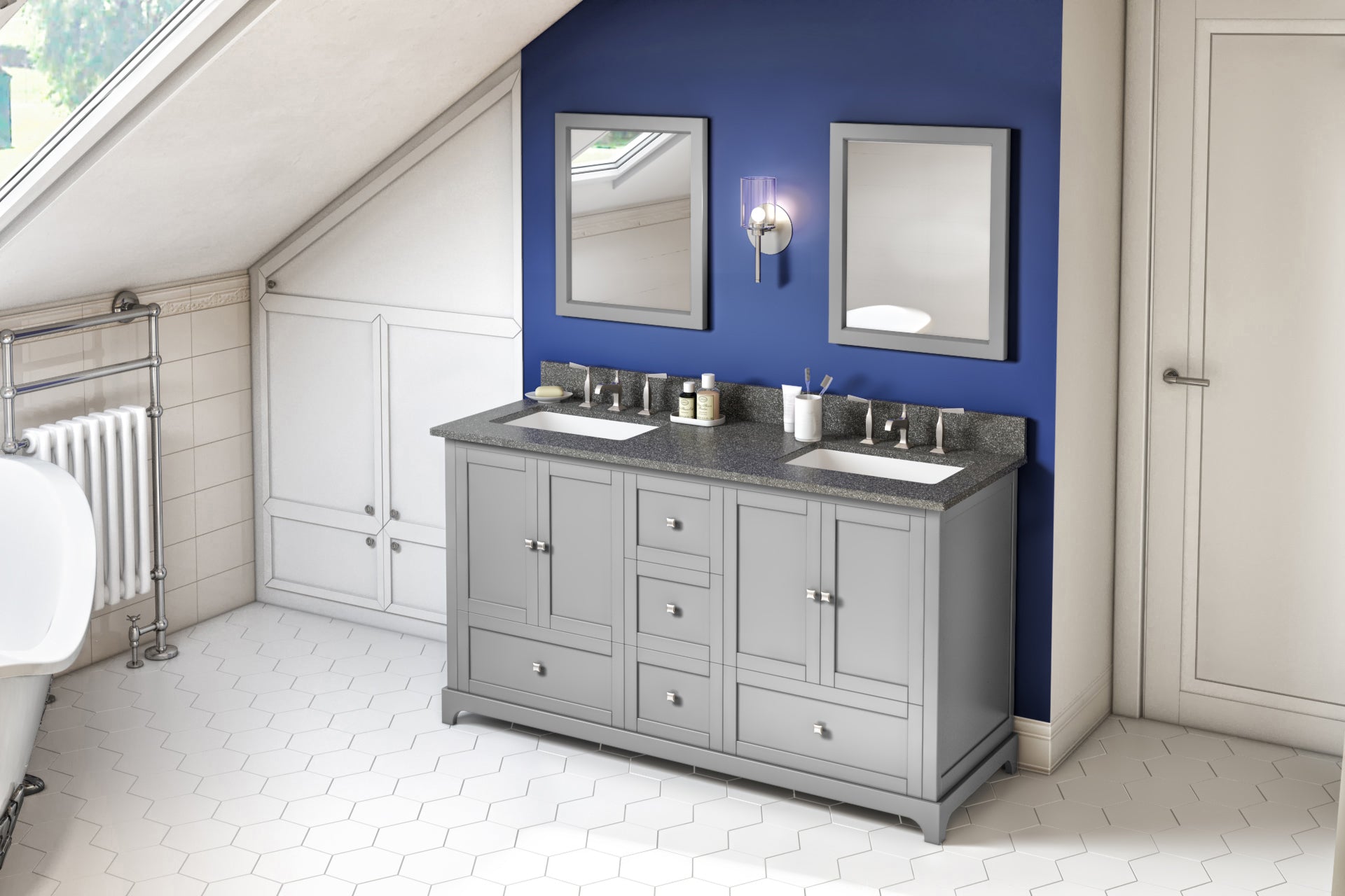 60" Grey Addington Vanity, double bowl, Boulder Cultured Marble Vanity Top, two undermount rectangle bowls