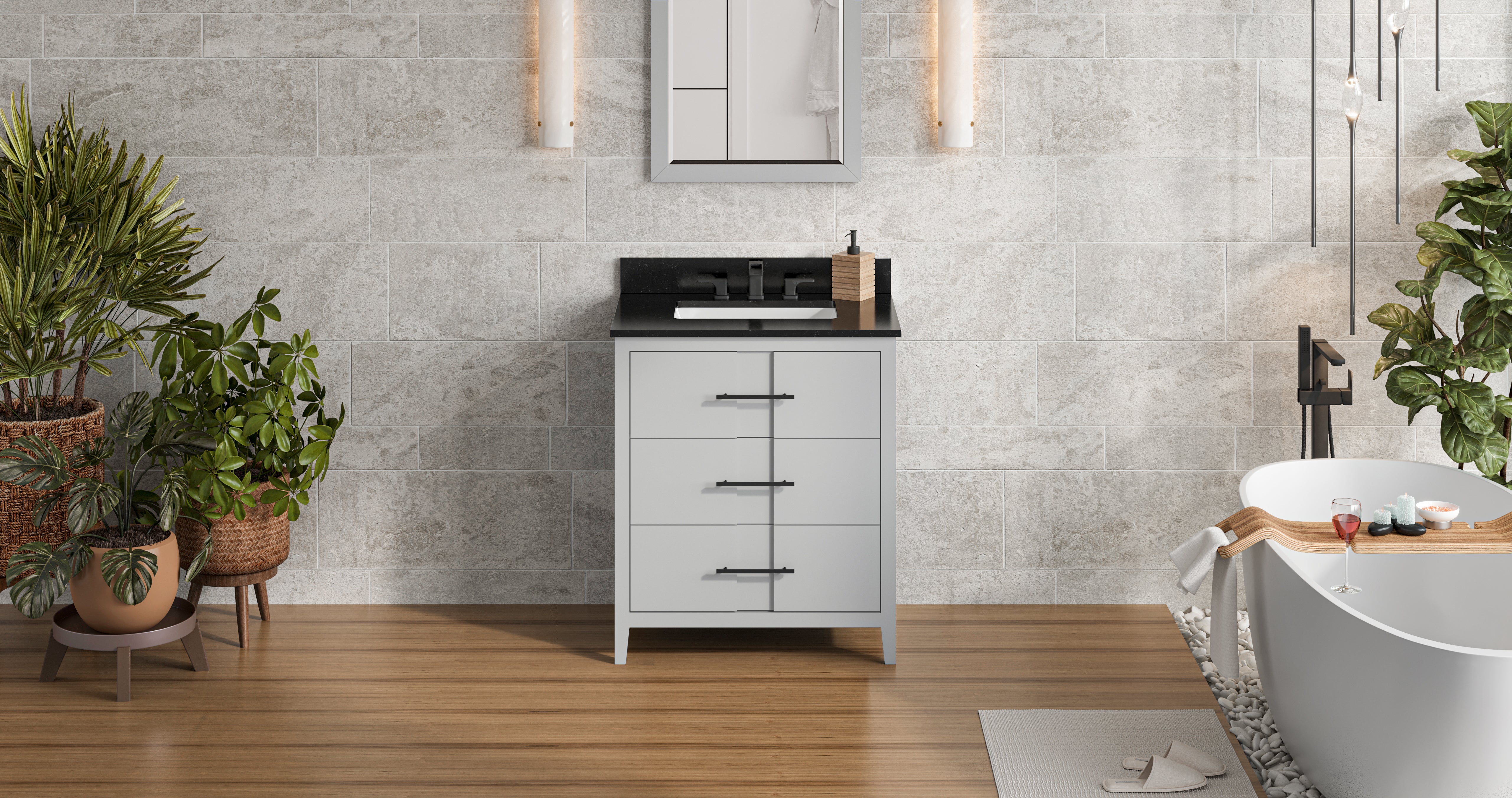 30" Grey Katara Vanity, Black Granite Vanity Top, undermount rectangle bowl | KitchBath