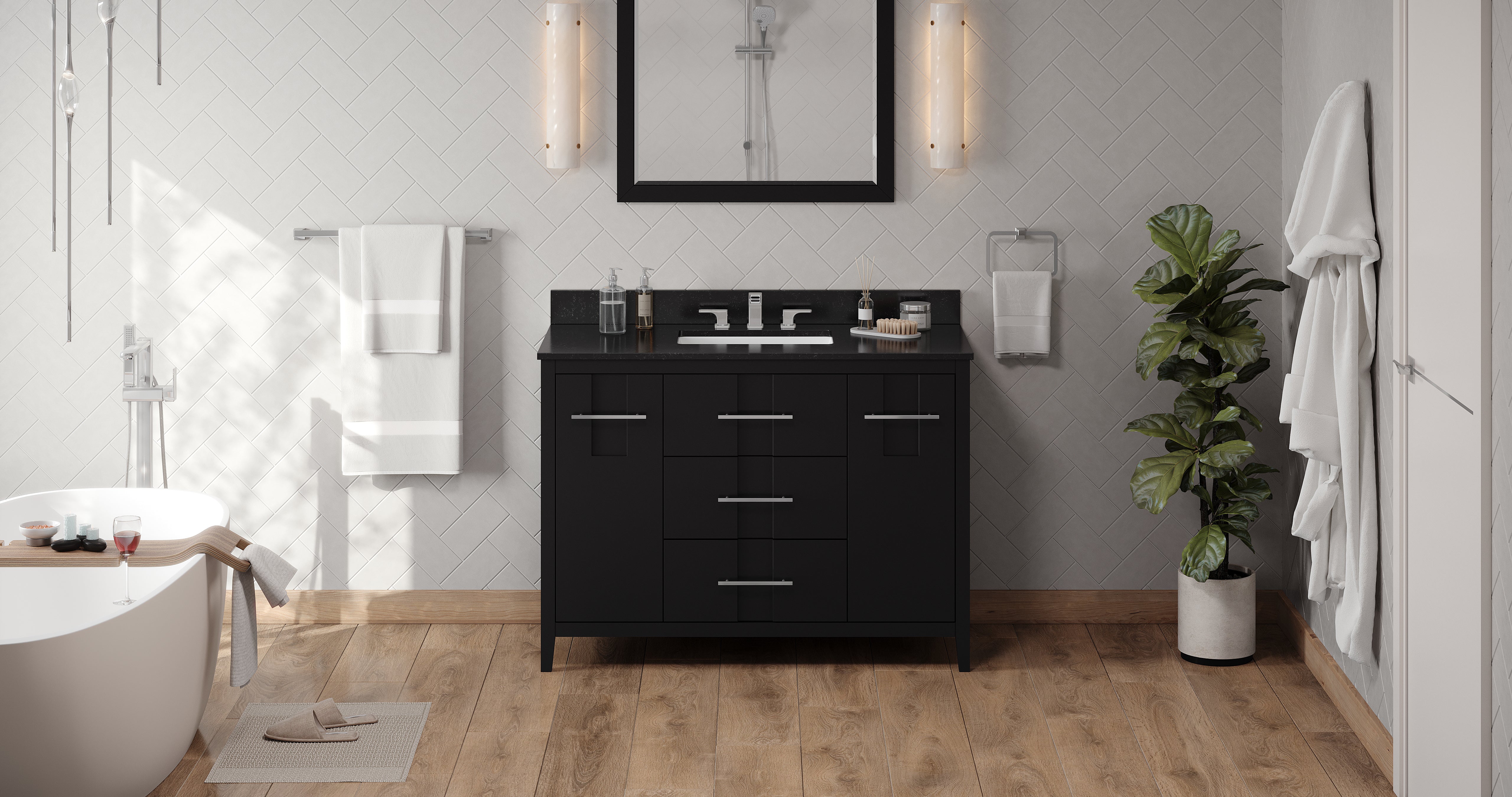 48" Black Katara Vanity, Black Granite Vanity Top, undermount rectangle bowl | KitchBath