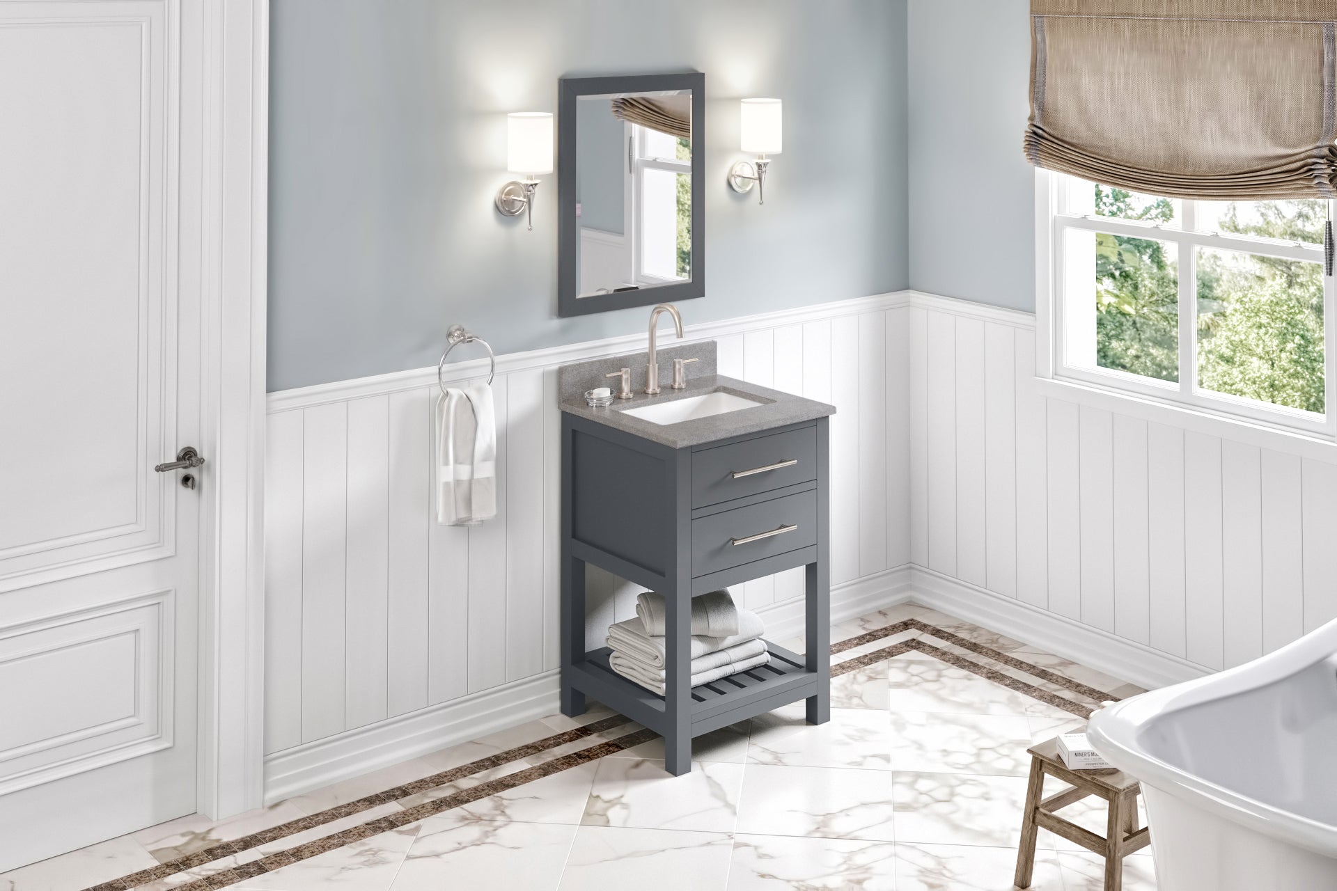 24" Grey Wavecrest Vanity, Steel Grey Cultured Marble Vanity Top, undermount rectangle bowl