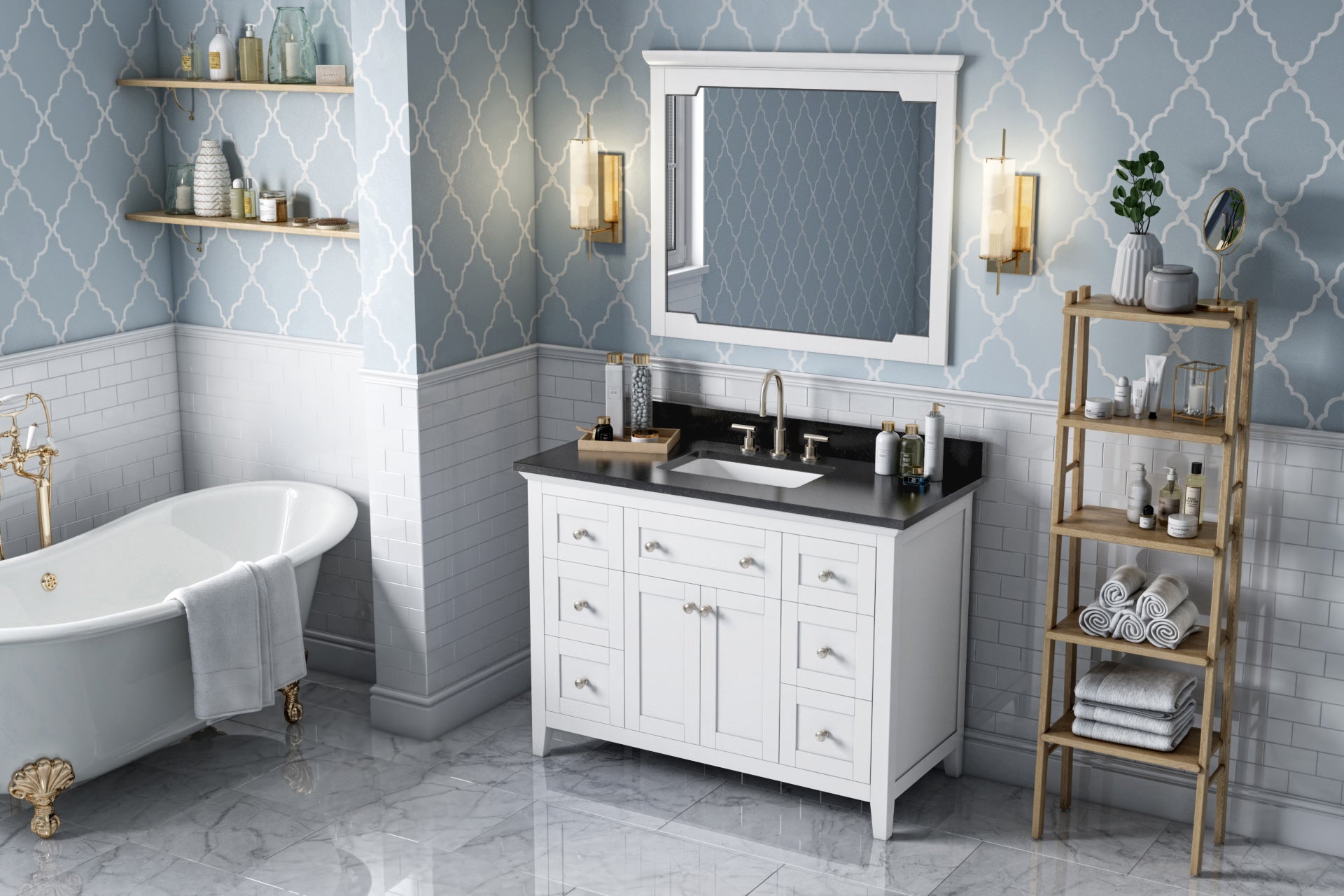 48" White Chatham Vanity, Black Granite Vanity Top, undermount rectangle bowl