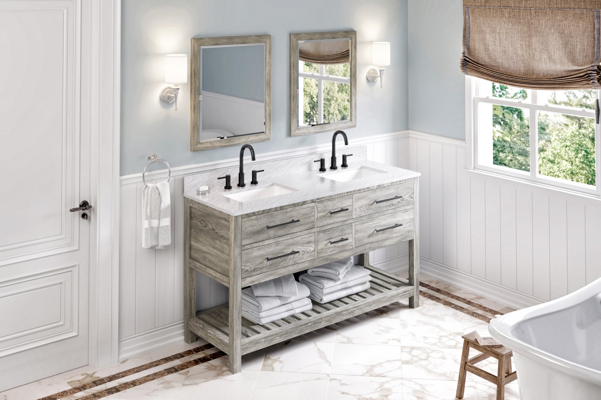 60" Weathered Grey Wavecrest Vanity, double bowl, White Carrara Marble Vanity Top, two undermount rectangle bowls | KitchBath