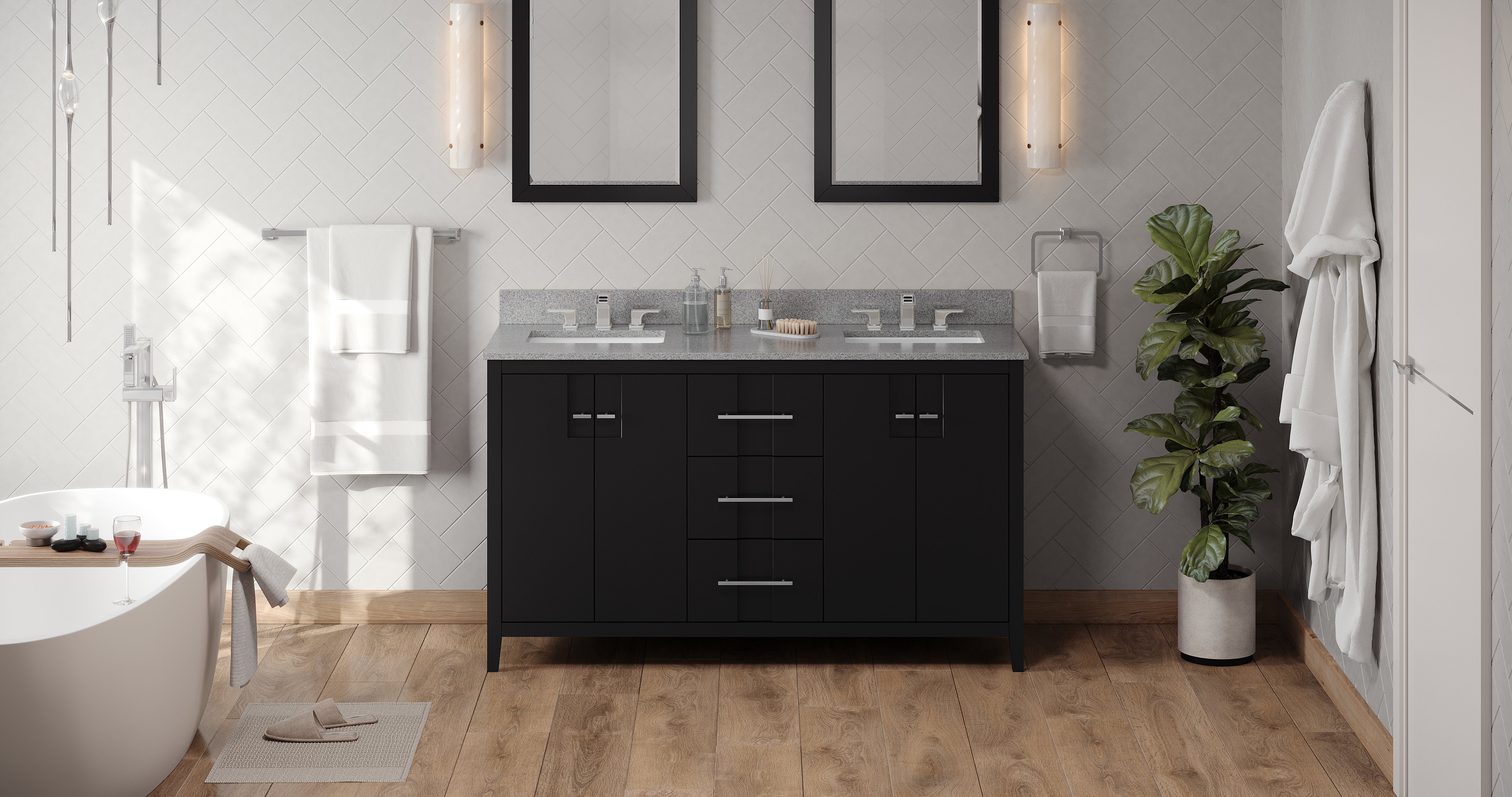 60" Black Katara Vanity, double bowl, Steel Grey Cultured Marble Vanity Top, two undermount rectangle bowls | KitchBath