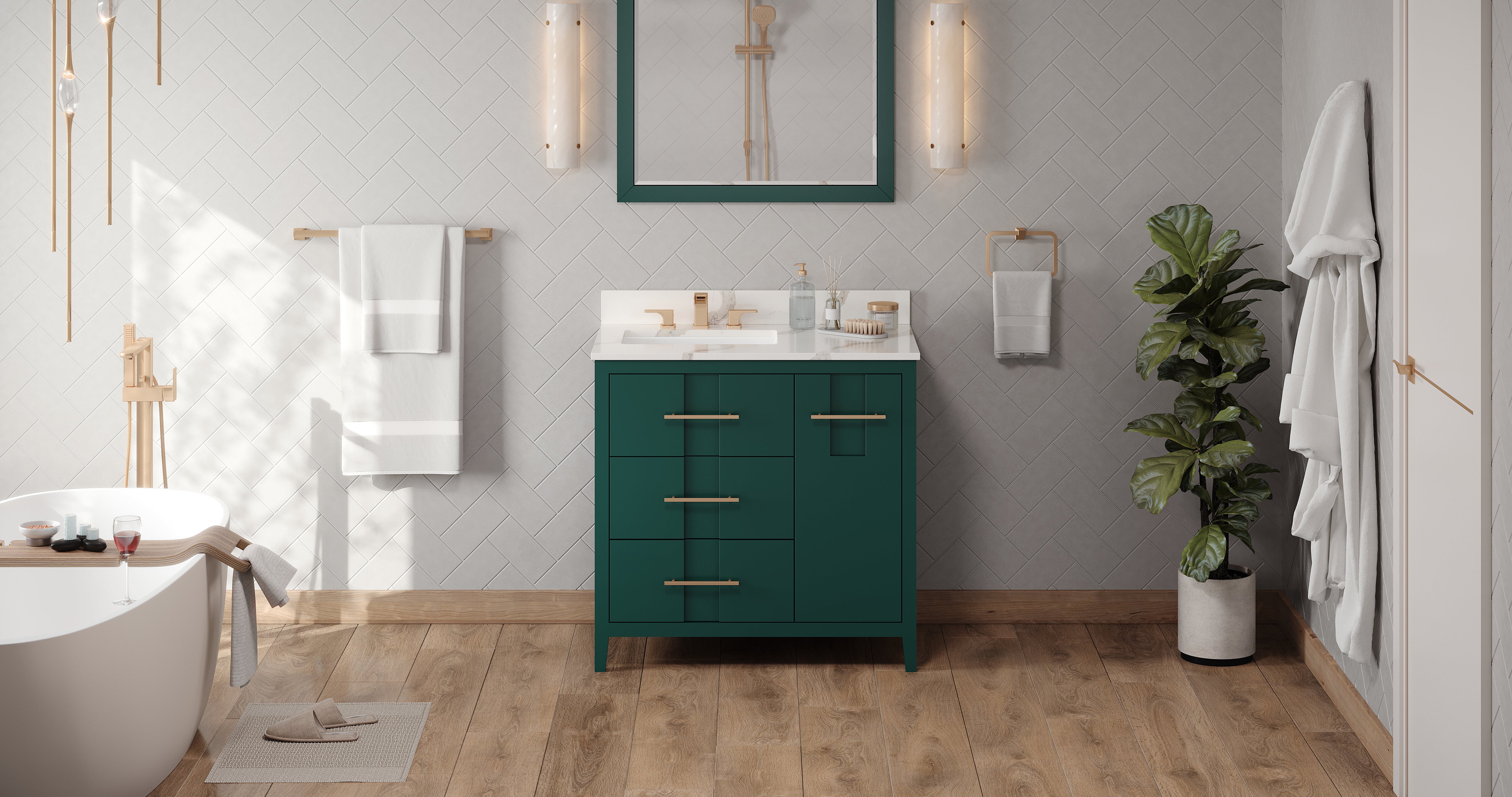 36" Forest Green Katara Vanity, left offset | KitchBath