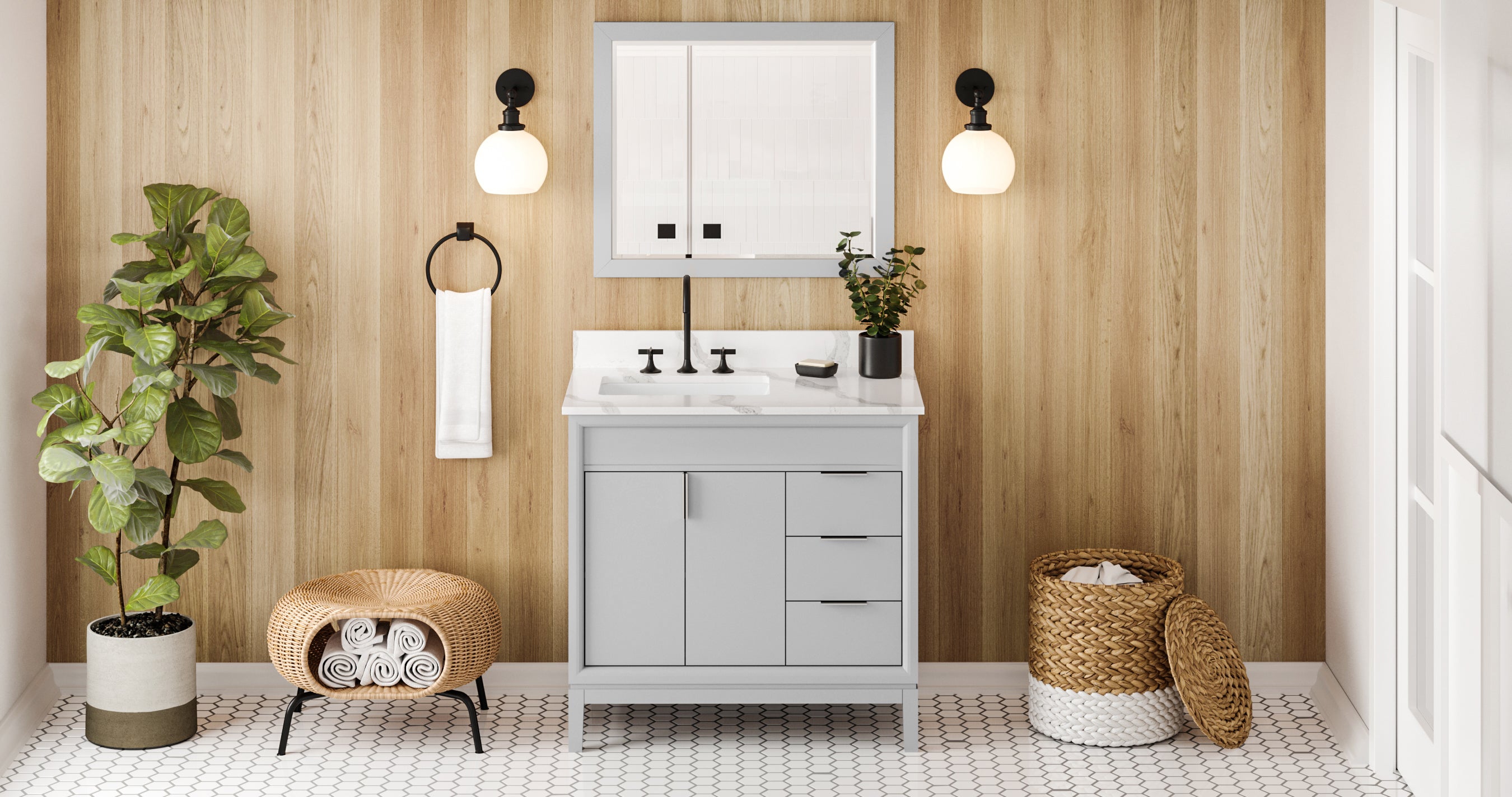 36" Grey Theodora Vanity, left offset, Calacatta Vienna Quartz Vanity Top, undermount rectangle bowl | KitchBath