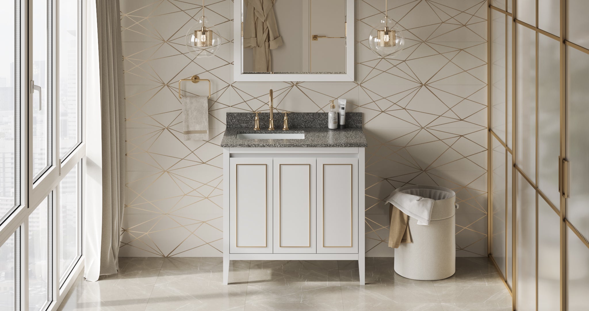 36" White Percival Vanity, left offset, Boulder Vanity Cultured Marble Vanity Top, undermount rectangle bowl | KitchBath