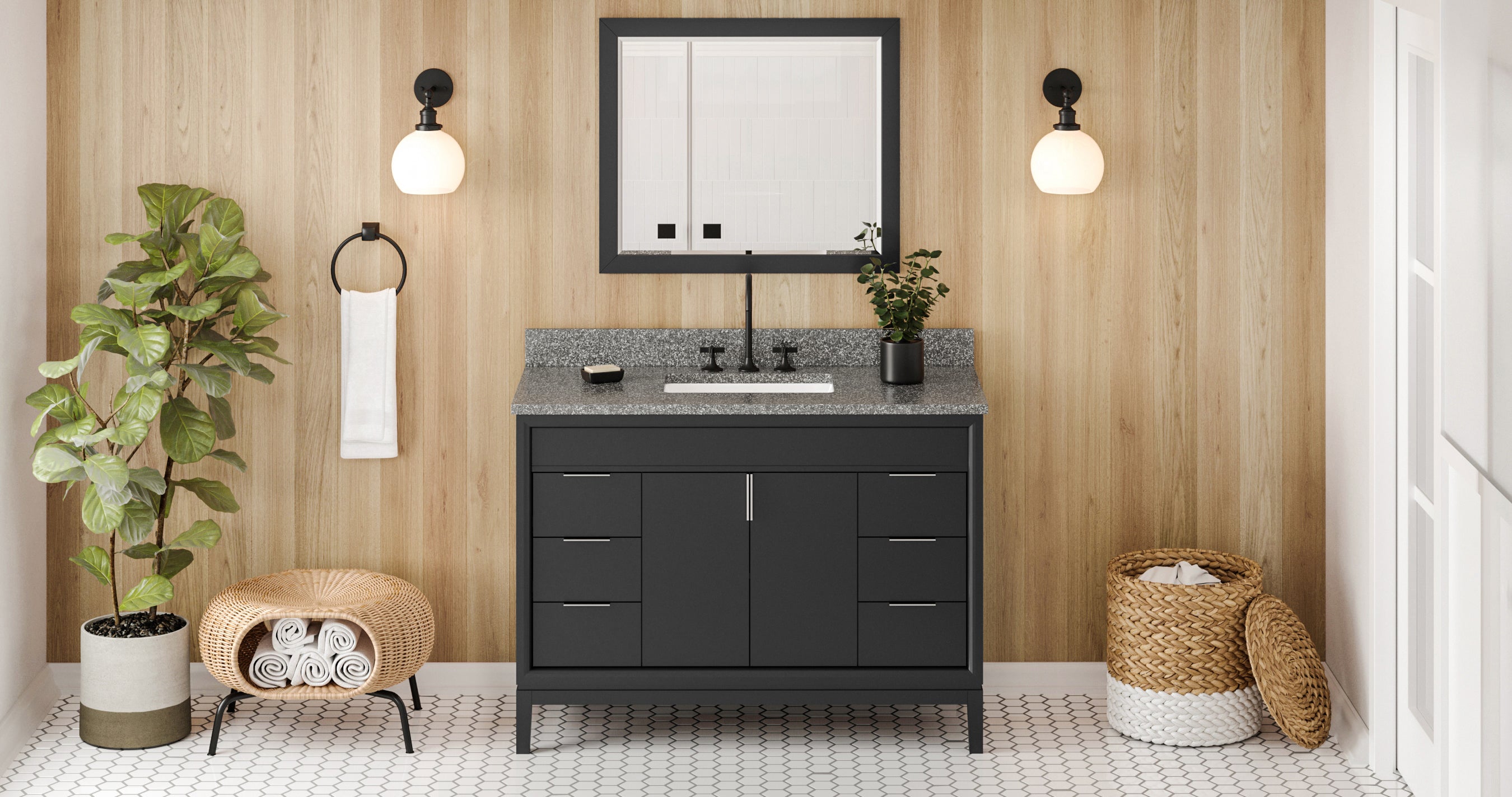 48" Black Theodora Vanity, Boulder Cultured Marble Vanity Top, undermount rectangle bowl | KitchBath