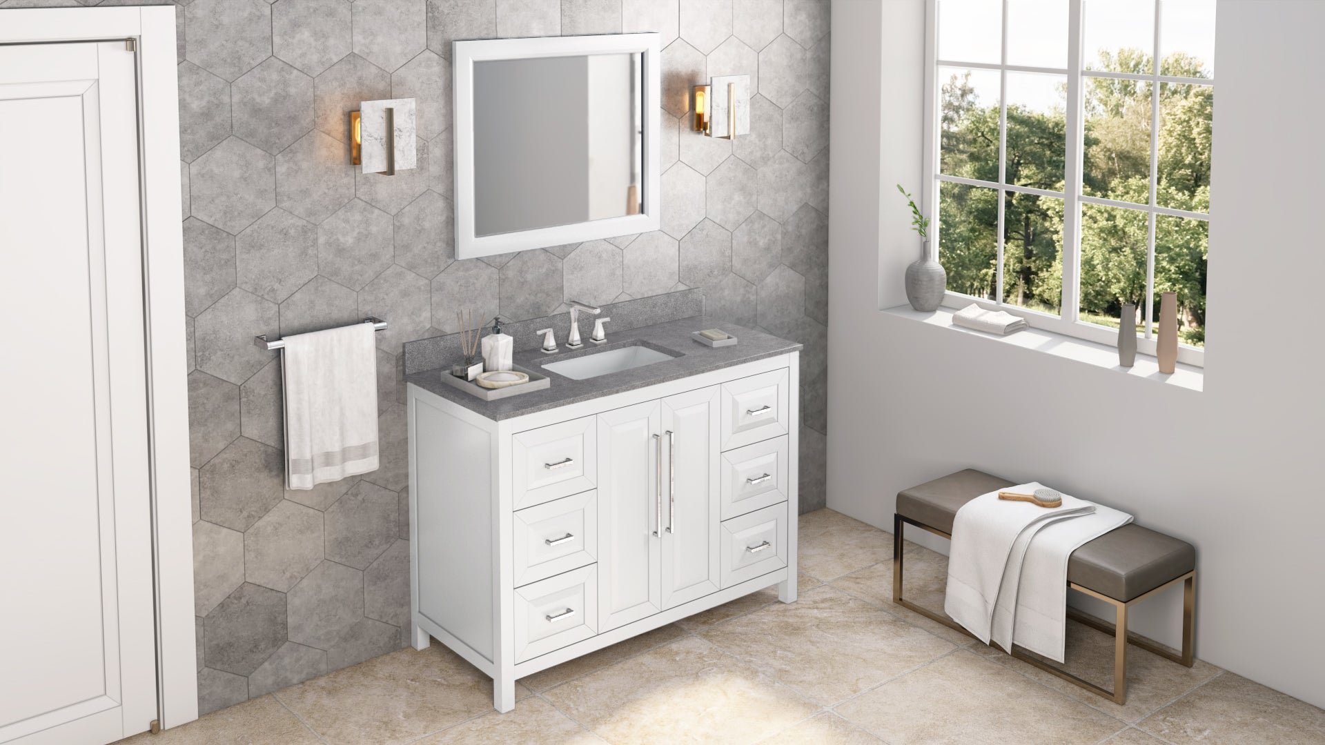 48" White Cade Vanity, Steel Grey Cultured Marble Vanity Top, undermount rectangle bowl