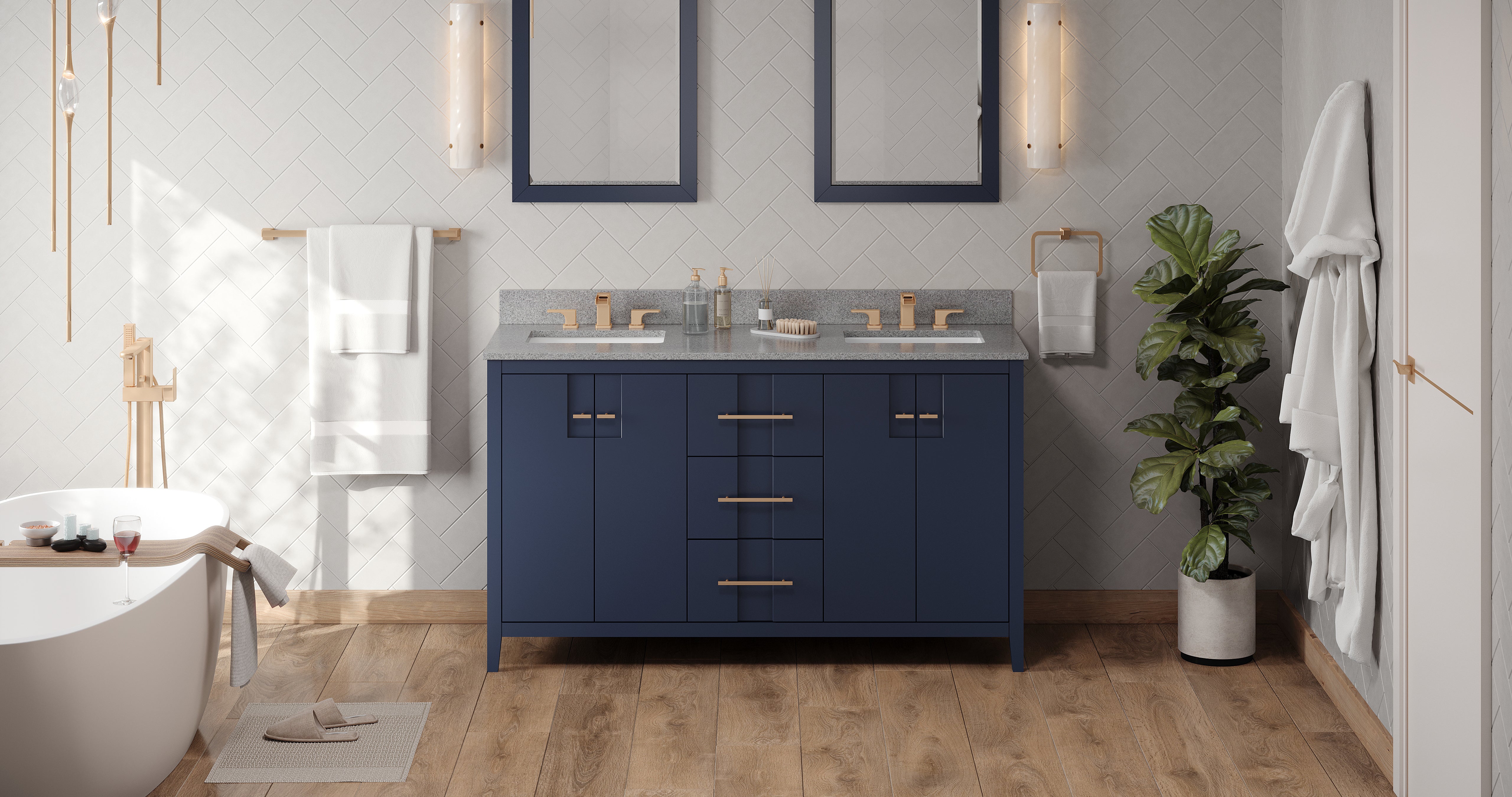 60" Hale Blue Katara Vanity, double bowl, Steel Grey Cultured Marble Vanity Top, two undermount rectangle bowls | KitchBath