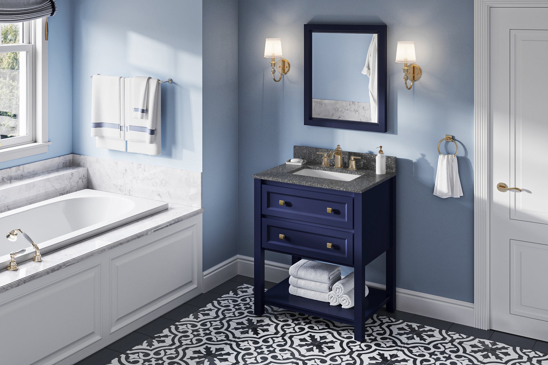 30" Hale Blue Adler Vanity, Boulder Cultured Marble Vanity Top, undermount rectangle bowl