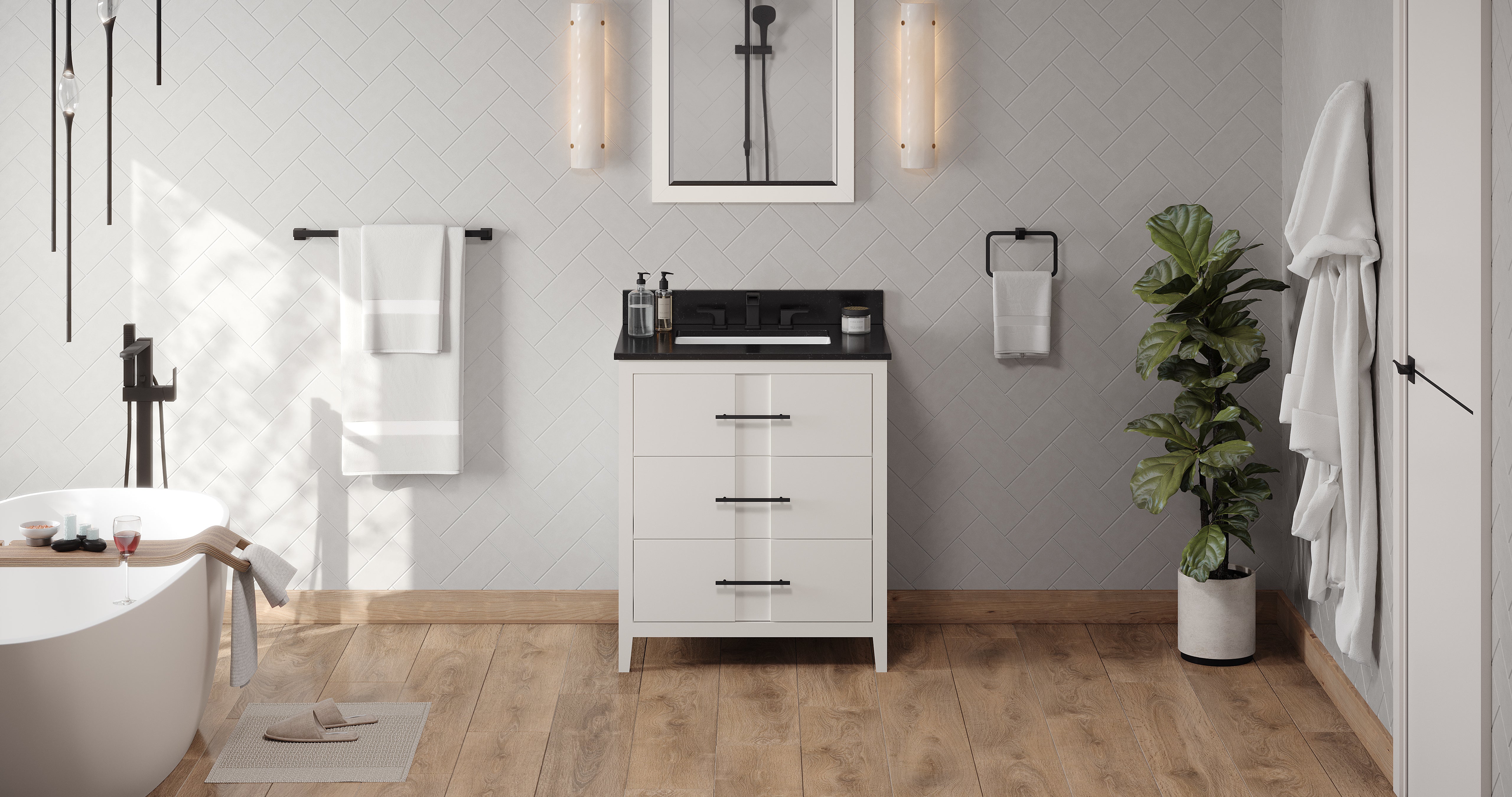 30" White Katara Vanity, Black Granite Vanity Top, undermount rectangle bowl | KitchBath