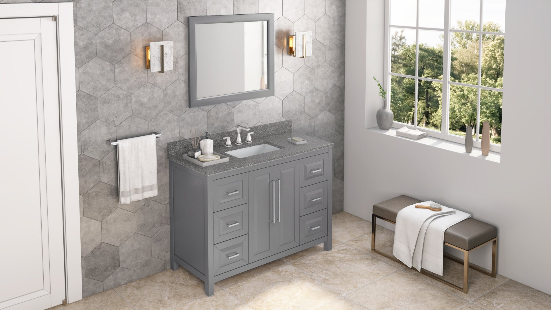 48" Grey Cade Vanity, Boulder Cultured Marble Vanity Top, undermount rectangle bowl | KitchBath