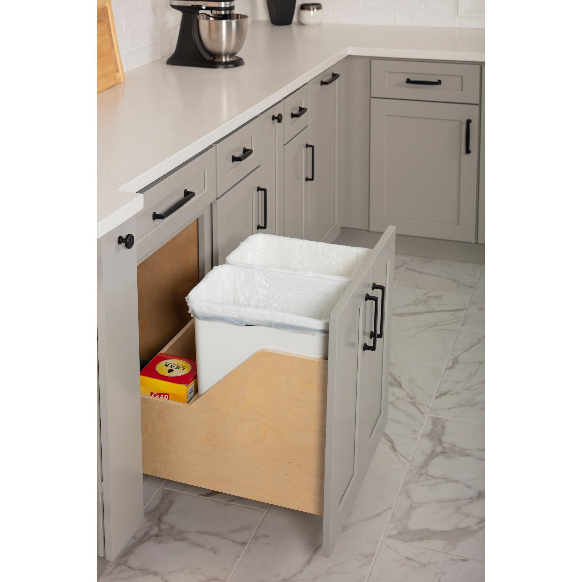 Double 35 Quart Wood Bottom-Mount Soft-close Trashcan Rollout for Door Mounting, Includes Two White Cans and Door Joining Bracket | KitchBath