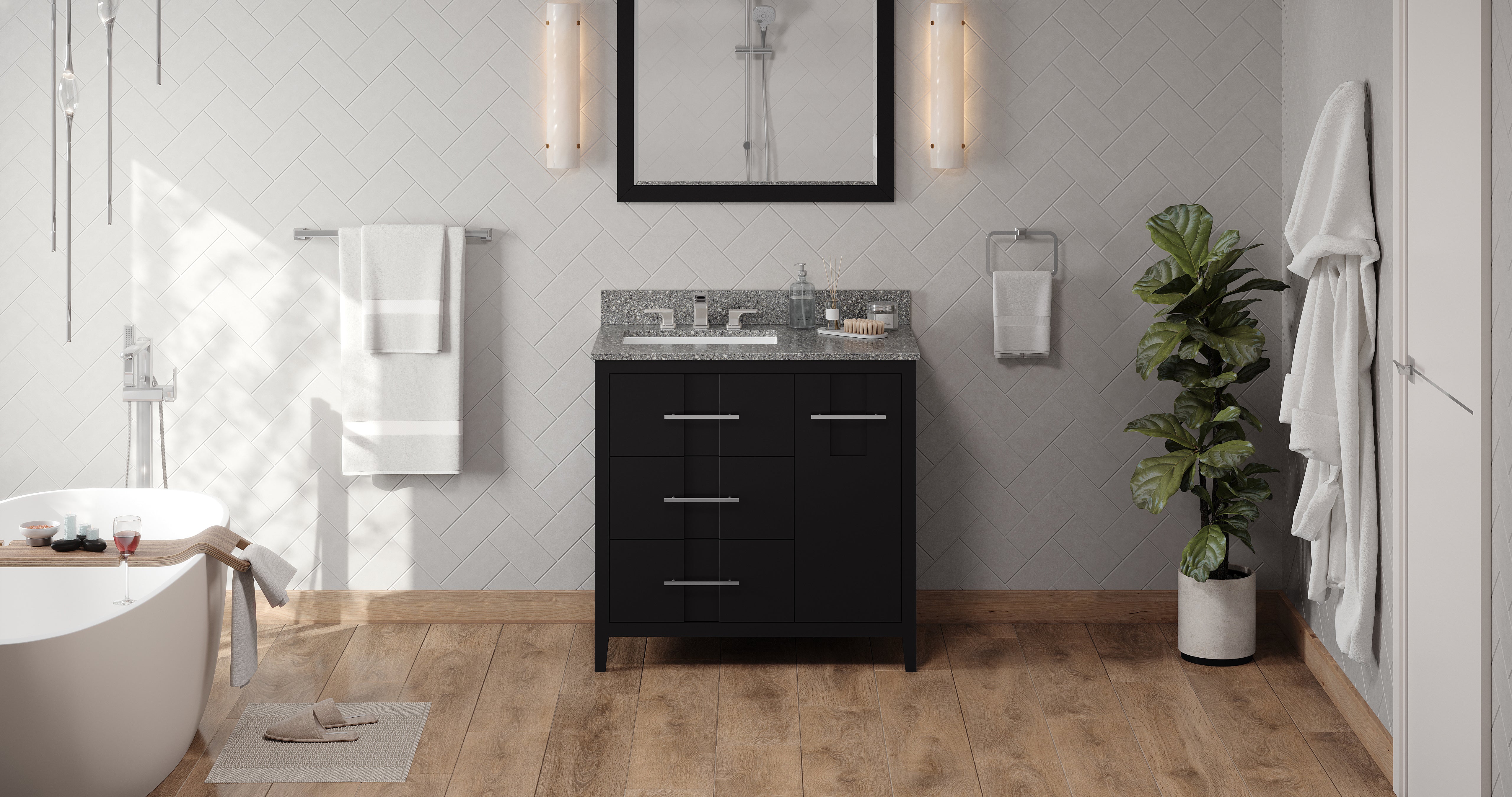 36" Black Katara Vanity, left offset, Boulder Vanity Cultured Marble Vanity Top, undermount rectangle bowl | KitchBath