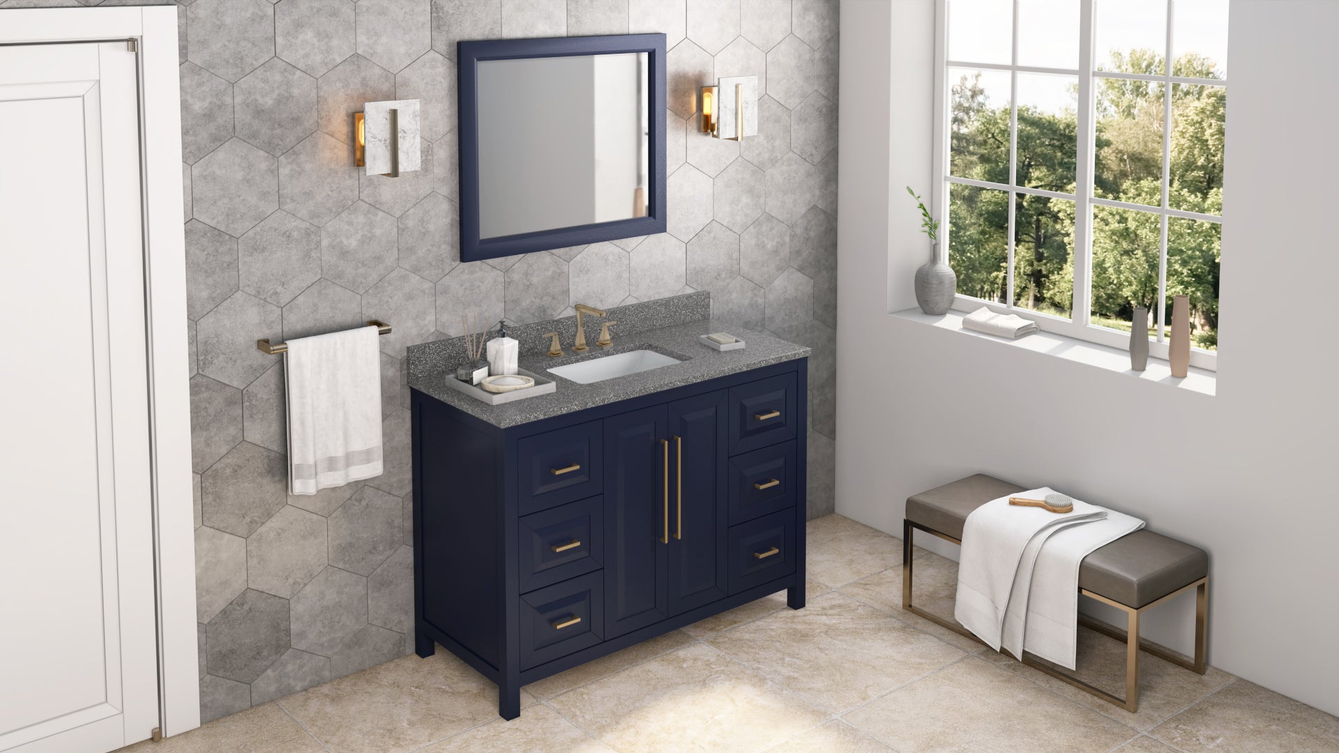 48" Hale Blue Cade Vanity, Boulder Cultured Marble Vanity Top, undermount rectangle bowl
