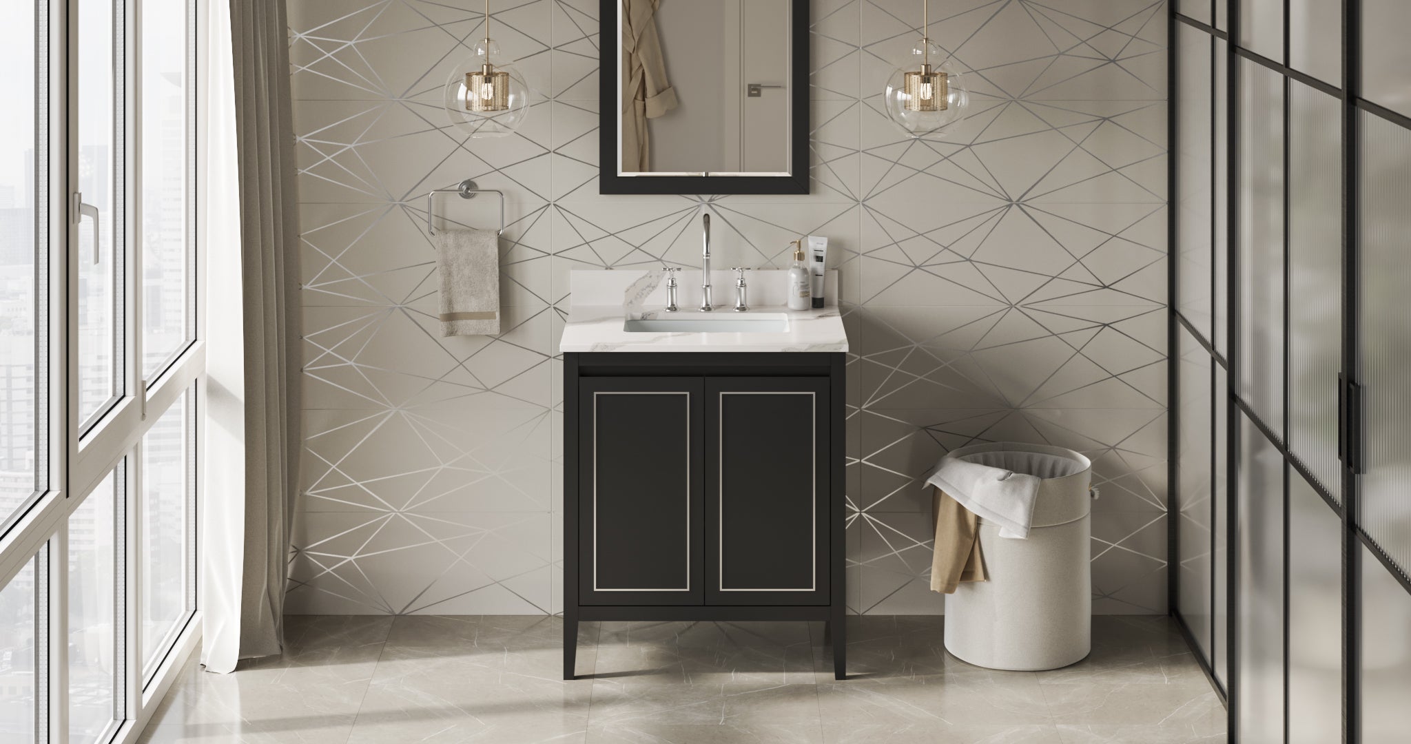 30" Black Percival Vanity, Calacatta Vienna Quartz Vanity Top, undermount rectangle bowl | KitchBath