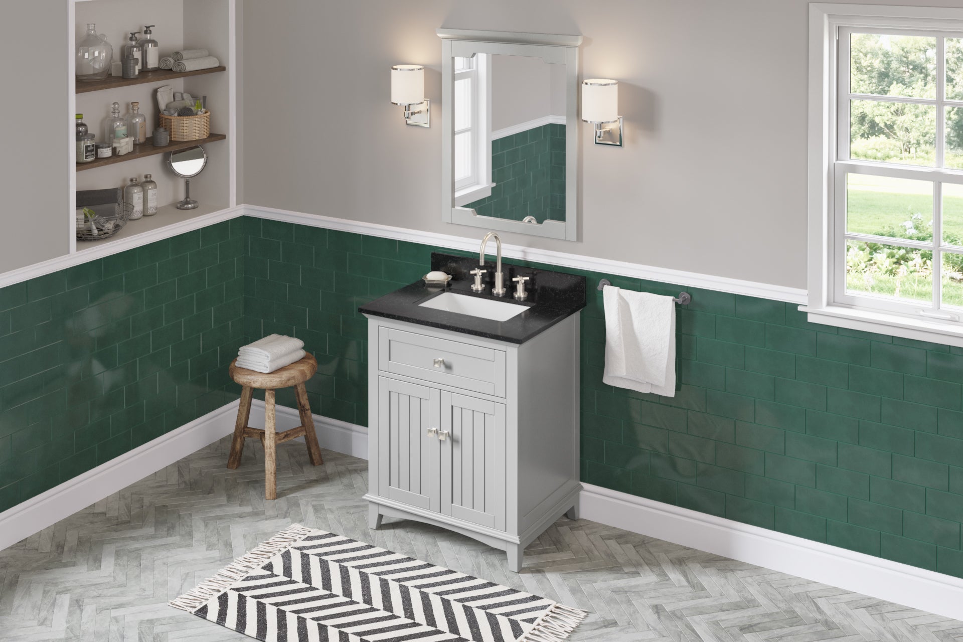 30" Grey Savino Vanity, Black Granite Vanity Top, undermount rectangle bowl