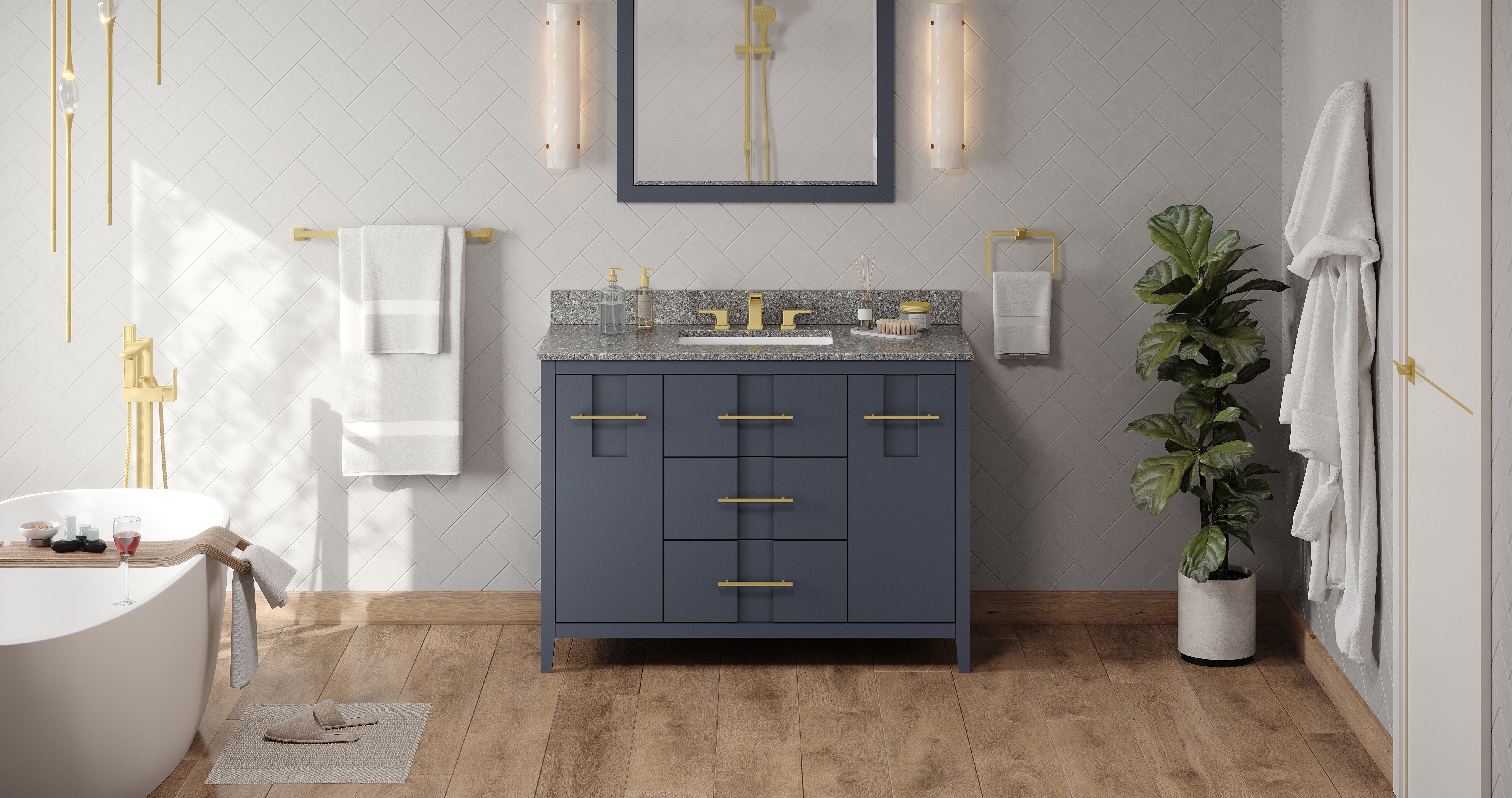 48" Blue Steel Katara Vanity, Boulder Cultured Marble Vanity Top, undermount rectangle bowl | KitchBath
