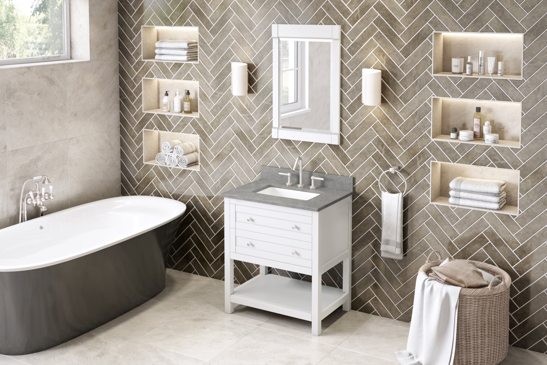 30" White Astoria Vanity, Steel Grey Cultured Marble Vanity Top, undermount rectangle bowl