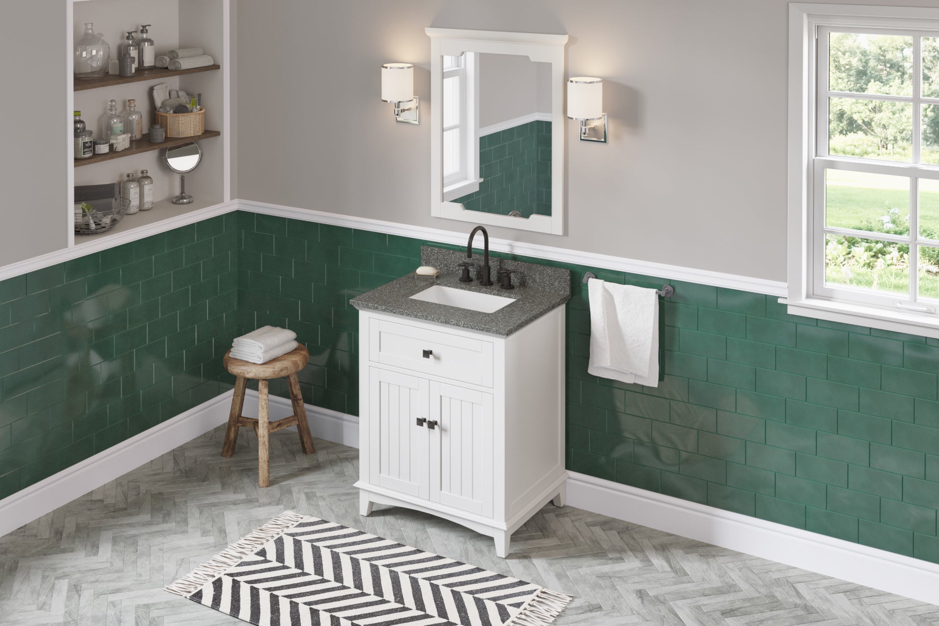 30" White Savino Vanity, Boulder Cultured Marble Vanity Top, undermount rectangle bowl