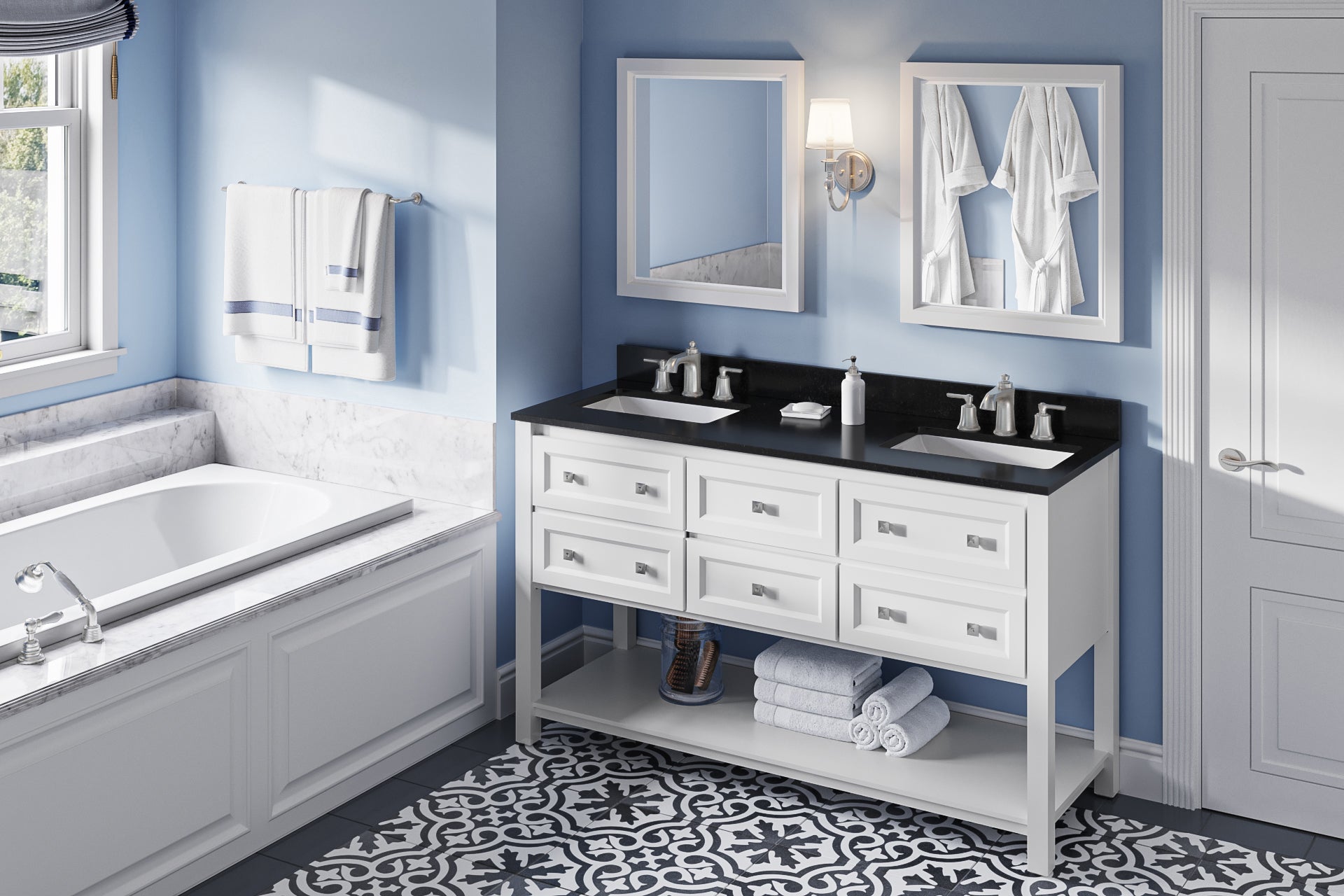 60" White Adler Vanity, double bowl, Black Granite Vanity Top, two undermount rectangle bowls
