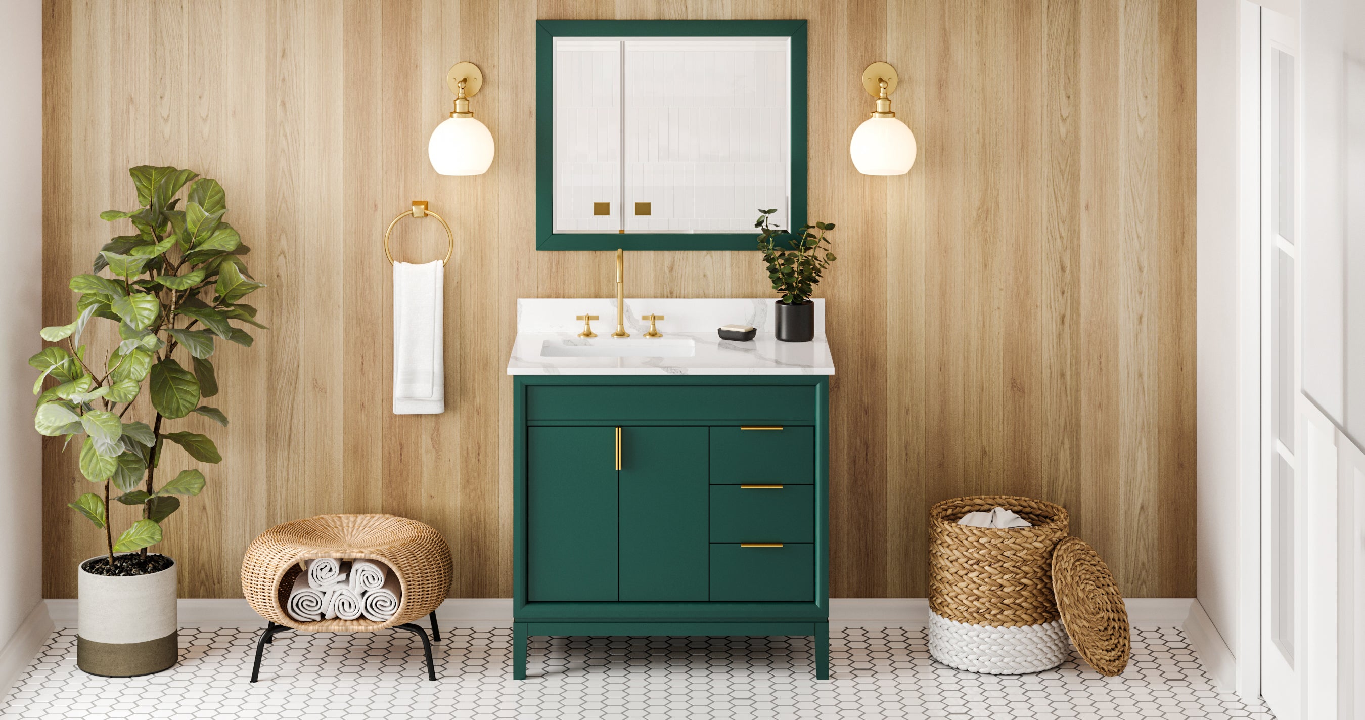 36" Forest Green Theodora Vanity, left offset, Calacatta Vienna Quartz Vanity Top, undermount rectangle bowl | KitchBath