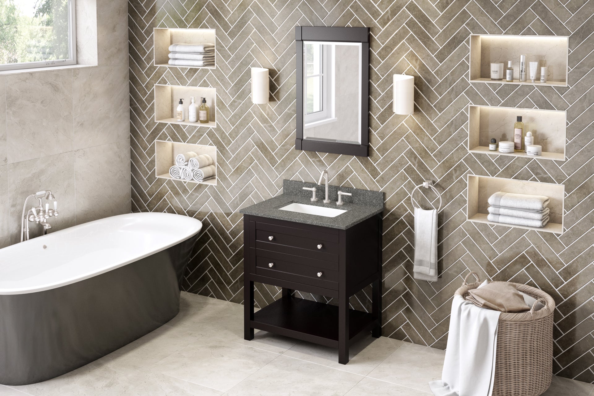 30" Espresso Astoria Vanity, Boulder Cultured Marble Vanity Top, undermount rectangle bowl
