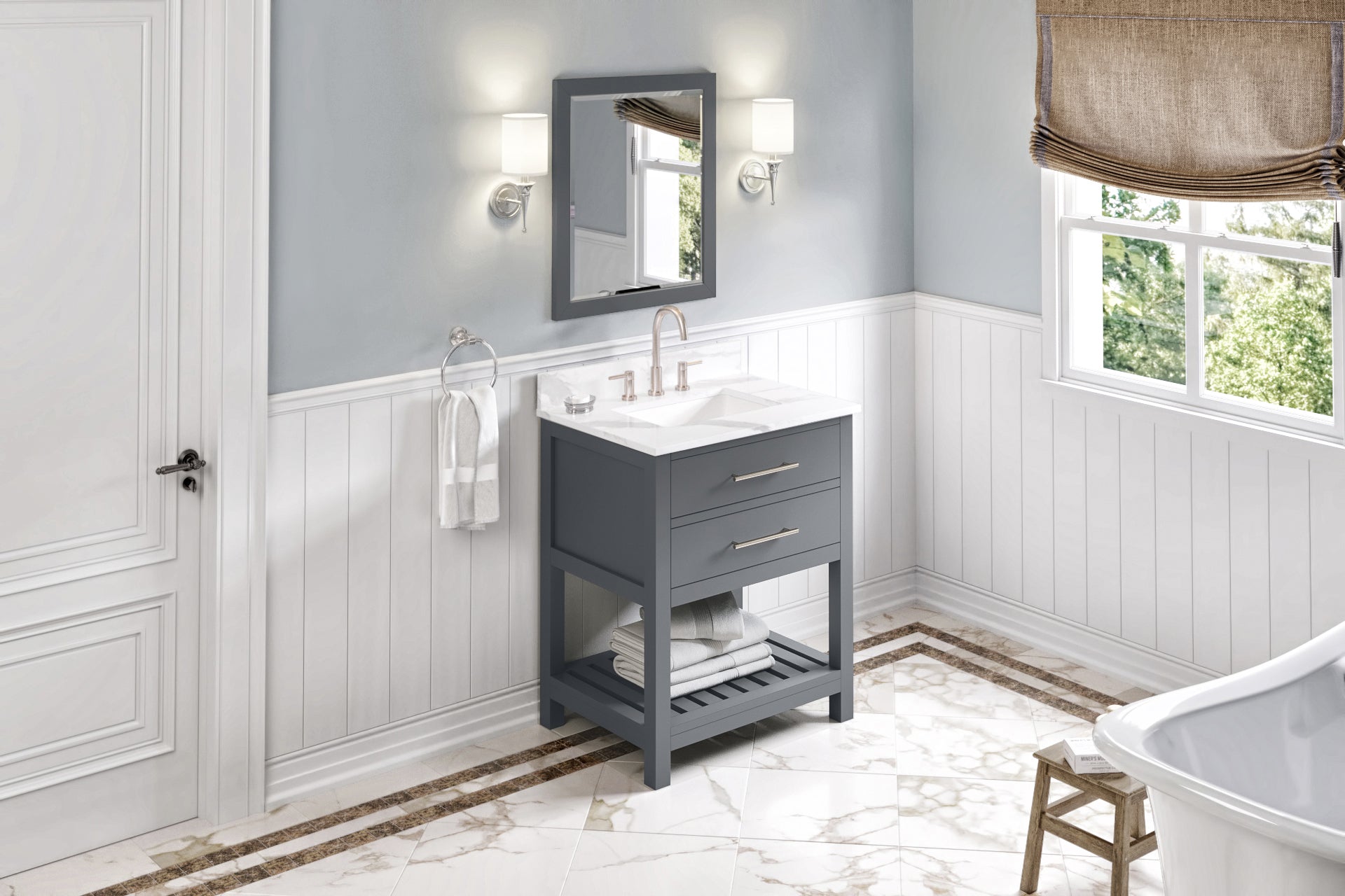 30" Grey Wavecrest Vanity, Calacatta Vienna Quartz Vanity Top, undermount rectangle bowl