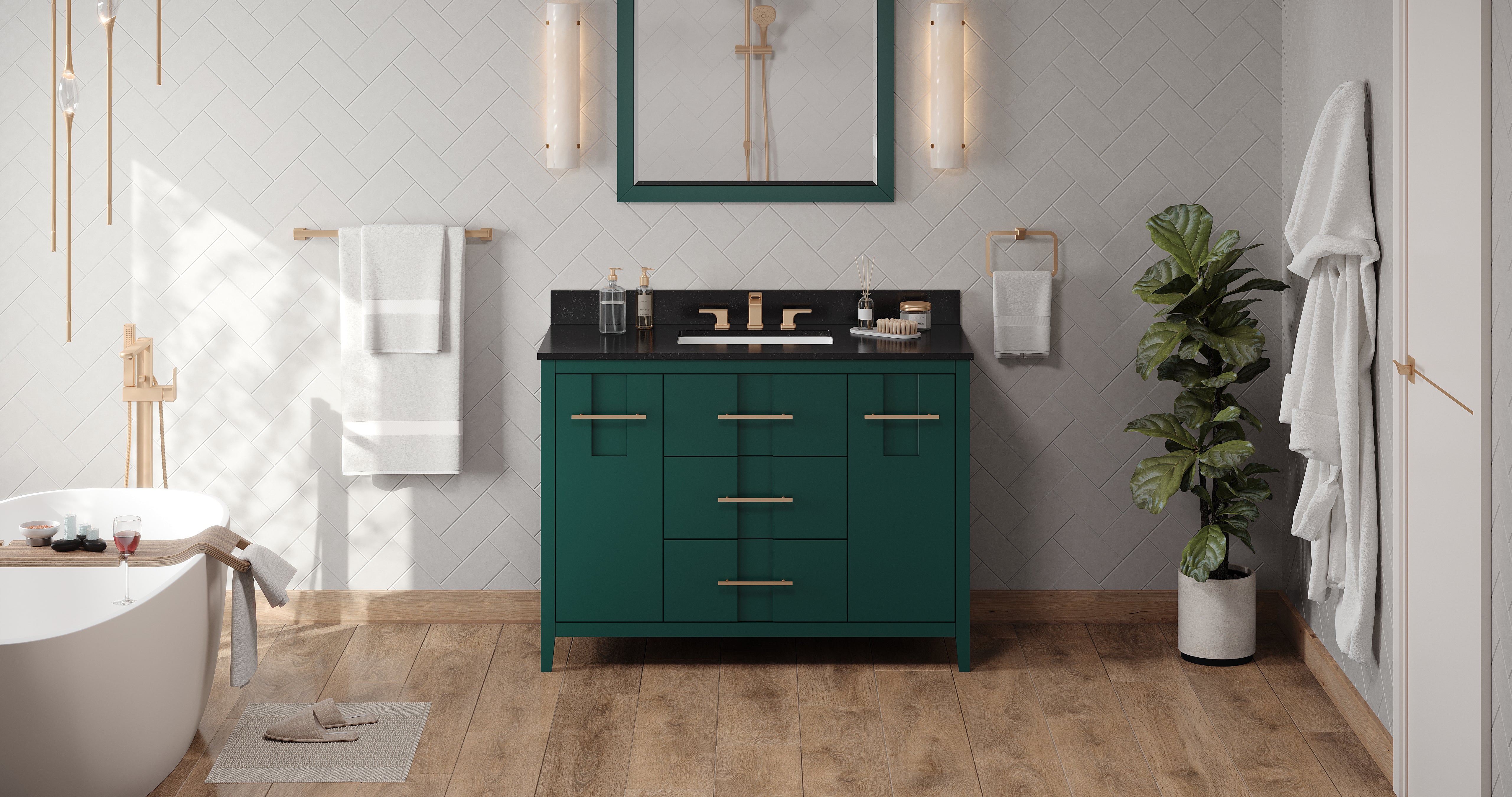 48" Forest Green Katara Vanity, Black Granite Vanity Top, undermount rectangle bowl | KitchBath
