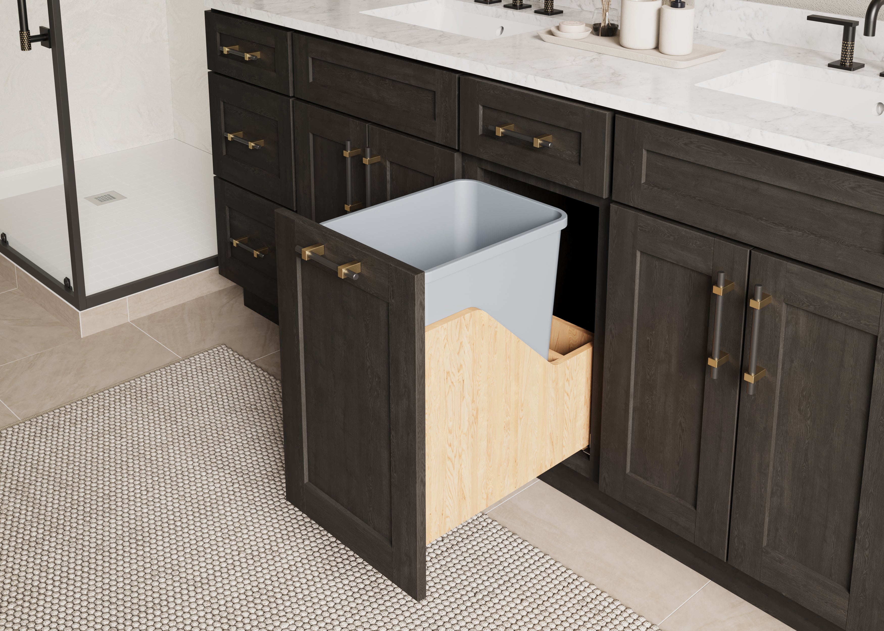 Single 35 Quart Wood Bottom-Mount Soft-close Vanity Trashcan Rollout for Door Mounting, Includes One White Can | KitchBath