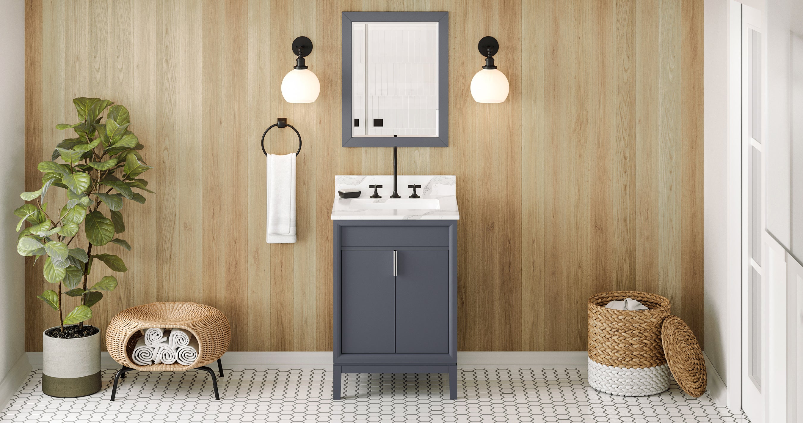 24" Blue Steel Theodora Vanity, Calacatta Vienna Quartz Vanity Top, undermount rectangle bowl | KitchBath