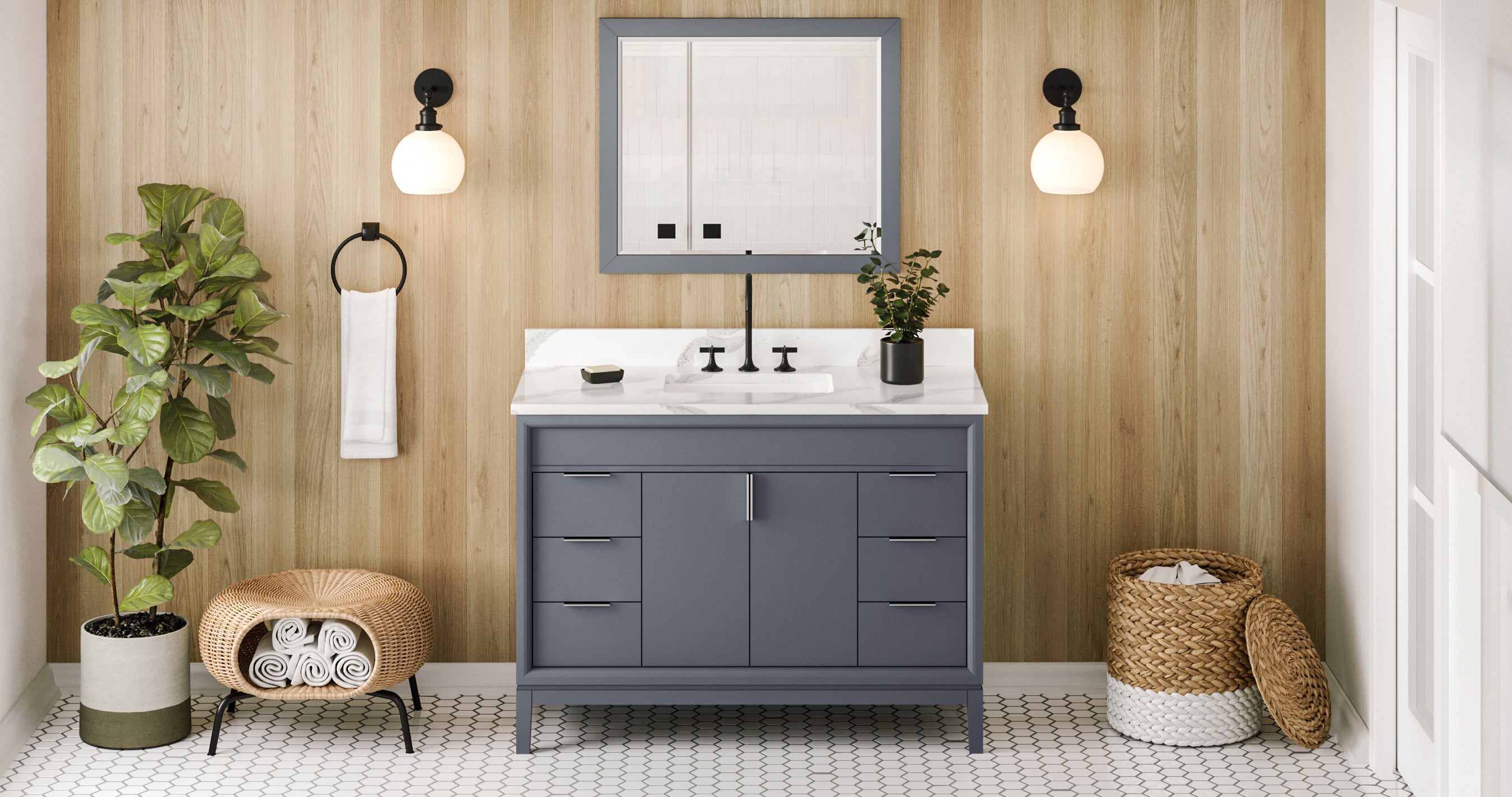 48" Blue Steel Theodora Vanity, Calacatta Vienna Quartz Vanity Top, undermount rectangle bowl | KitchBath