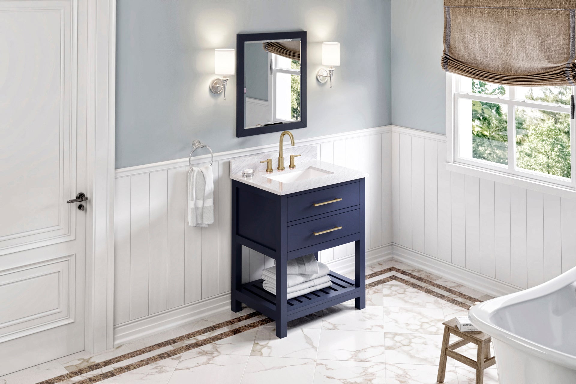30" Hale Blue Wavecrest Vanity, White Carrara Marble Vanity Top, undermount rectangle bowl