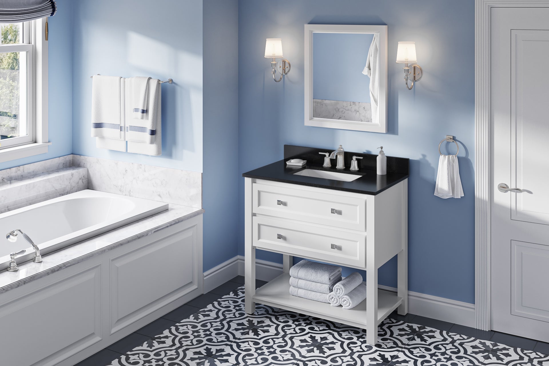 36" White Adler Vanity, Black Granite Vanity Top, undermount rectangle bowl