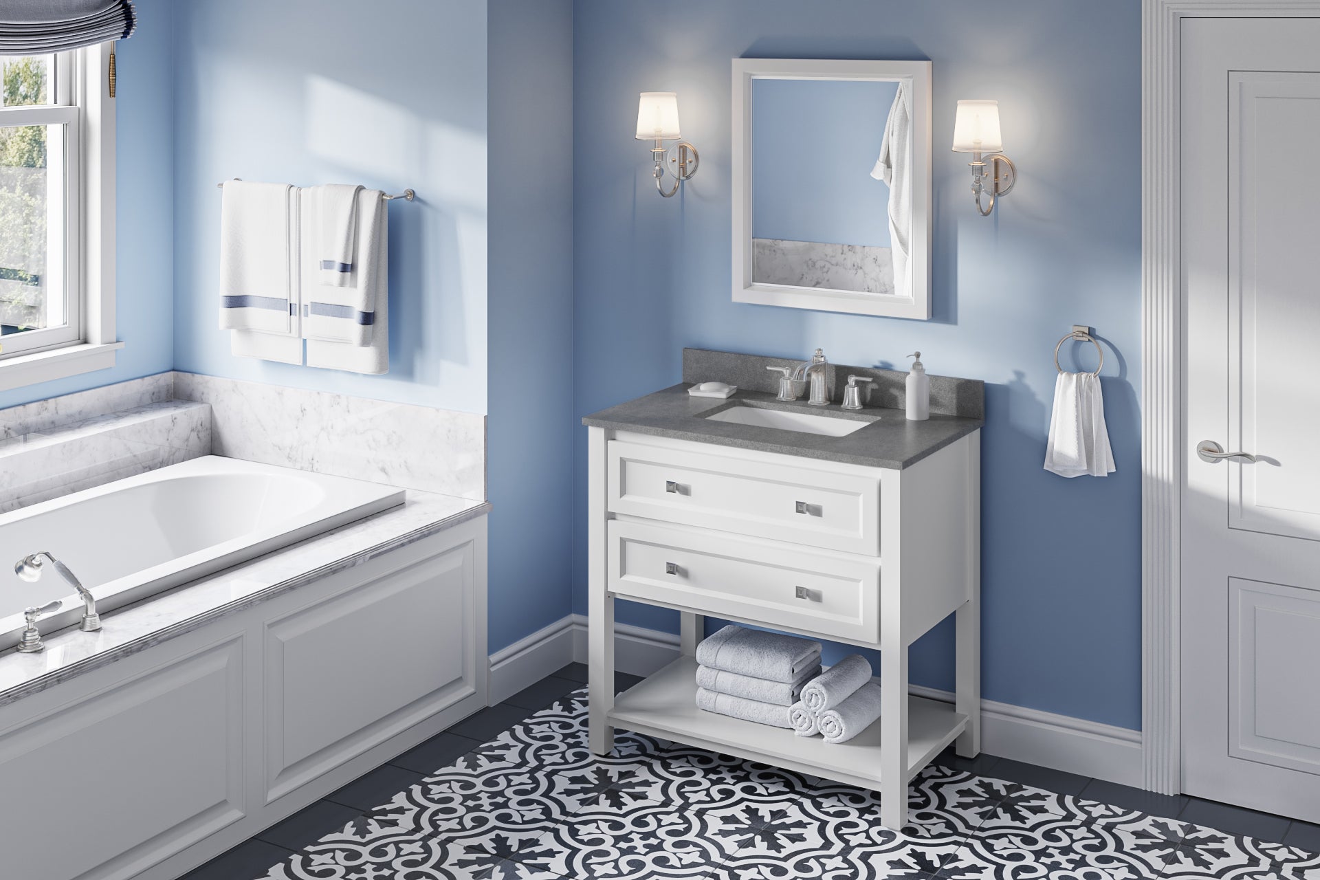 36" White Adler Vanity, Steel Grey Cultured Marble Vanity Top, undermount rectangle bowl