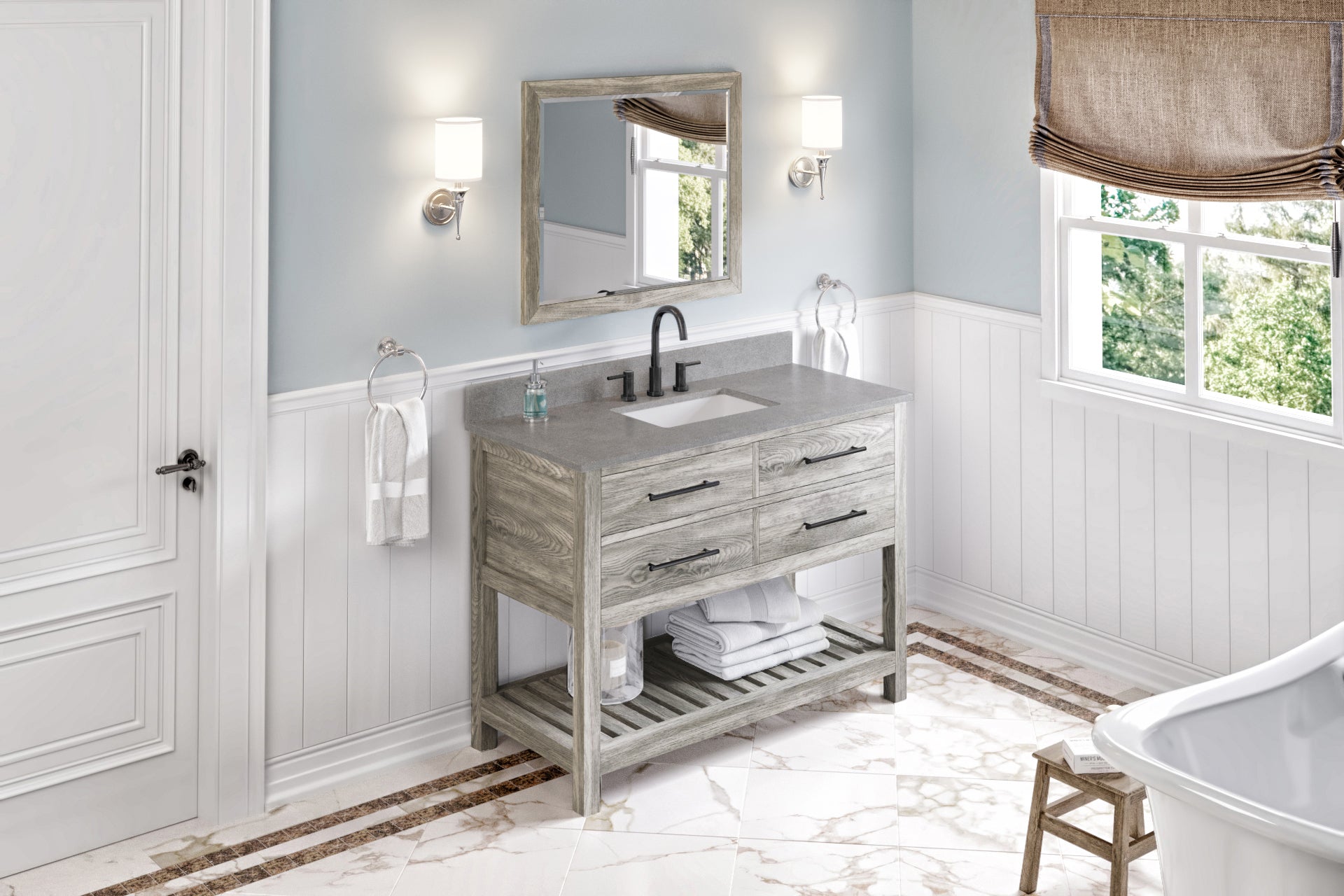 48" Weathered Grey Wavecrest Vanity, Steel Grey Cultured Marble Vanity Top, undermount rectangle bowl | KitchBath
