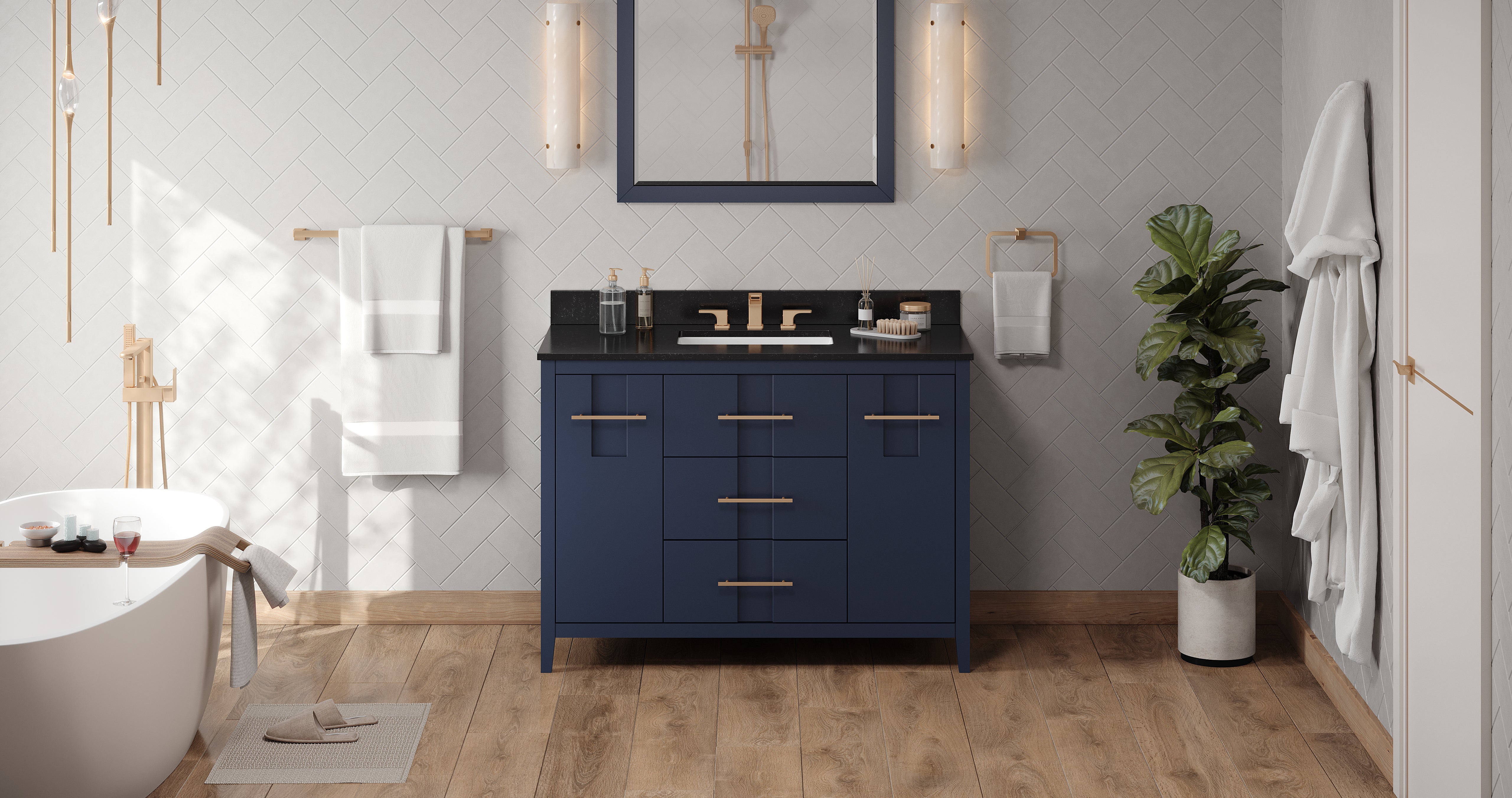 48" Hale Blue Katara Vanity, Black Granite Vanity Top, undermount rectangle bowl | KitchBath