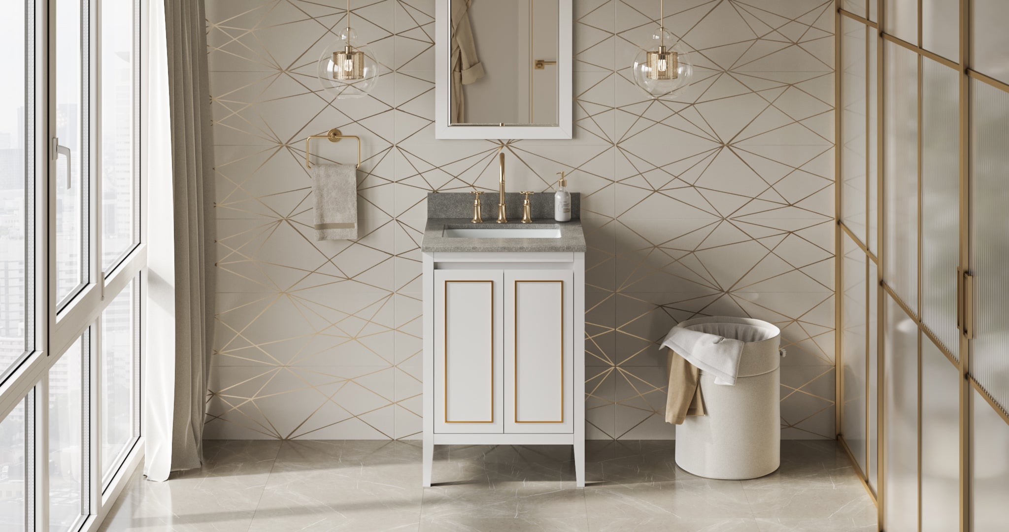 24" White Percival Vanity, Steel Grey Cultured Marble Vanity Top, undermount rectangle bowl | KitchBath